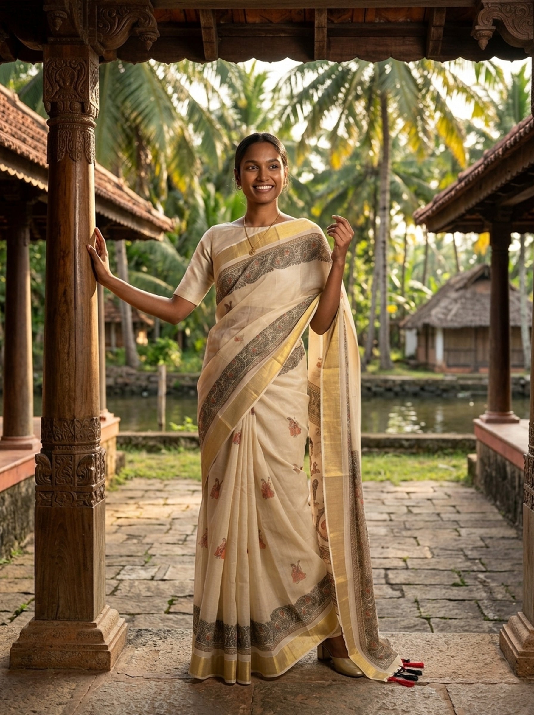 Tissue Kasavu Cream Saree with Veena Player Medallion Digital Print, Gold Zari Border & Tassel Pallu