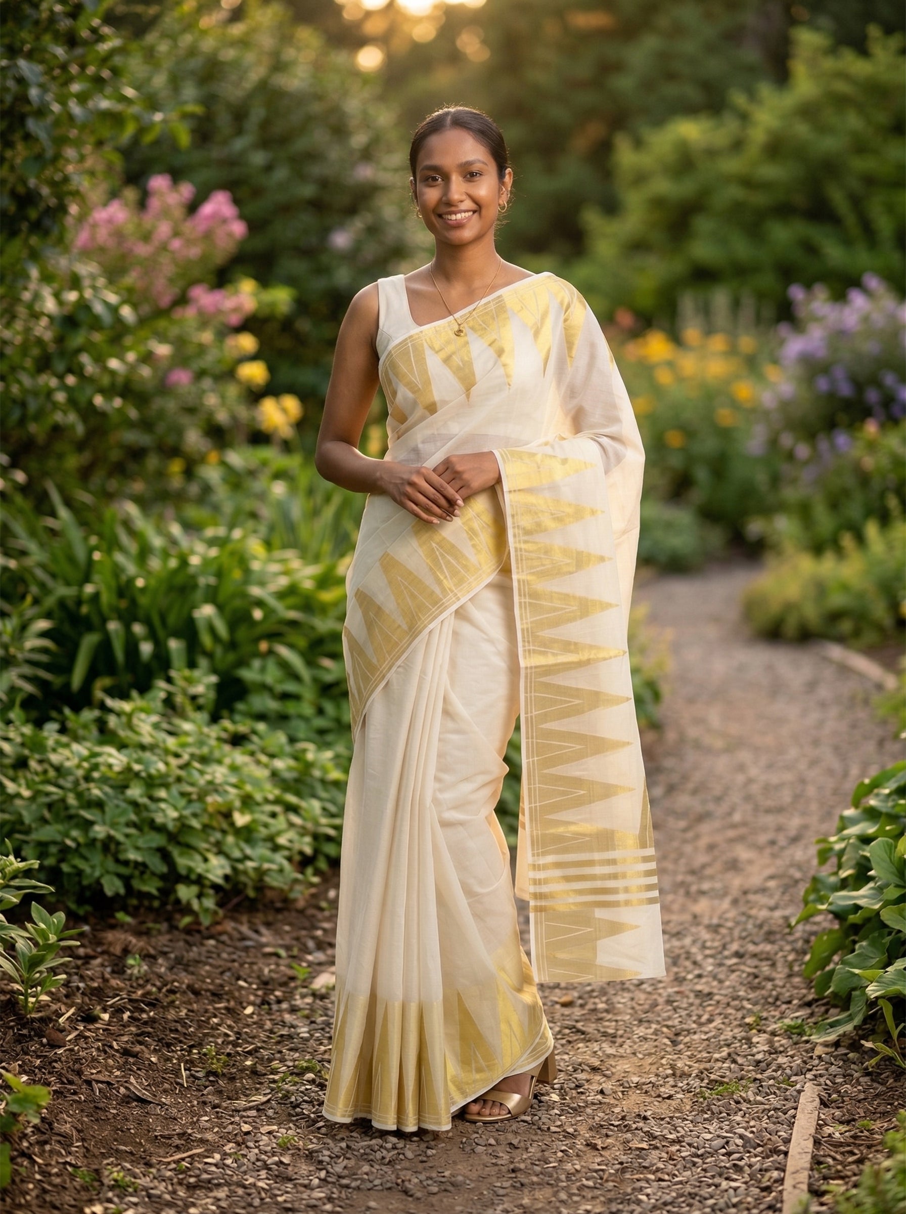 Woman in a yellow and white saree standing in a garden