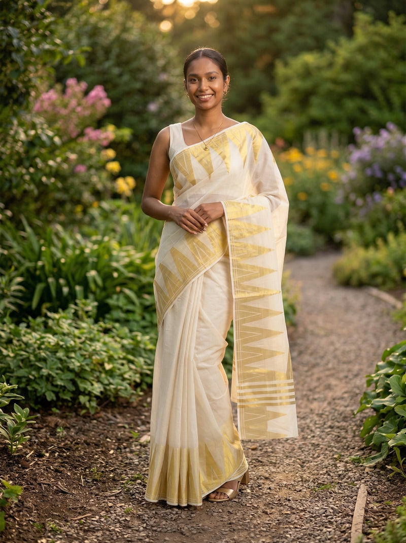 Woman in a yellow and white saree standing in a garden