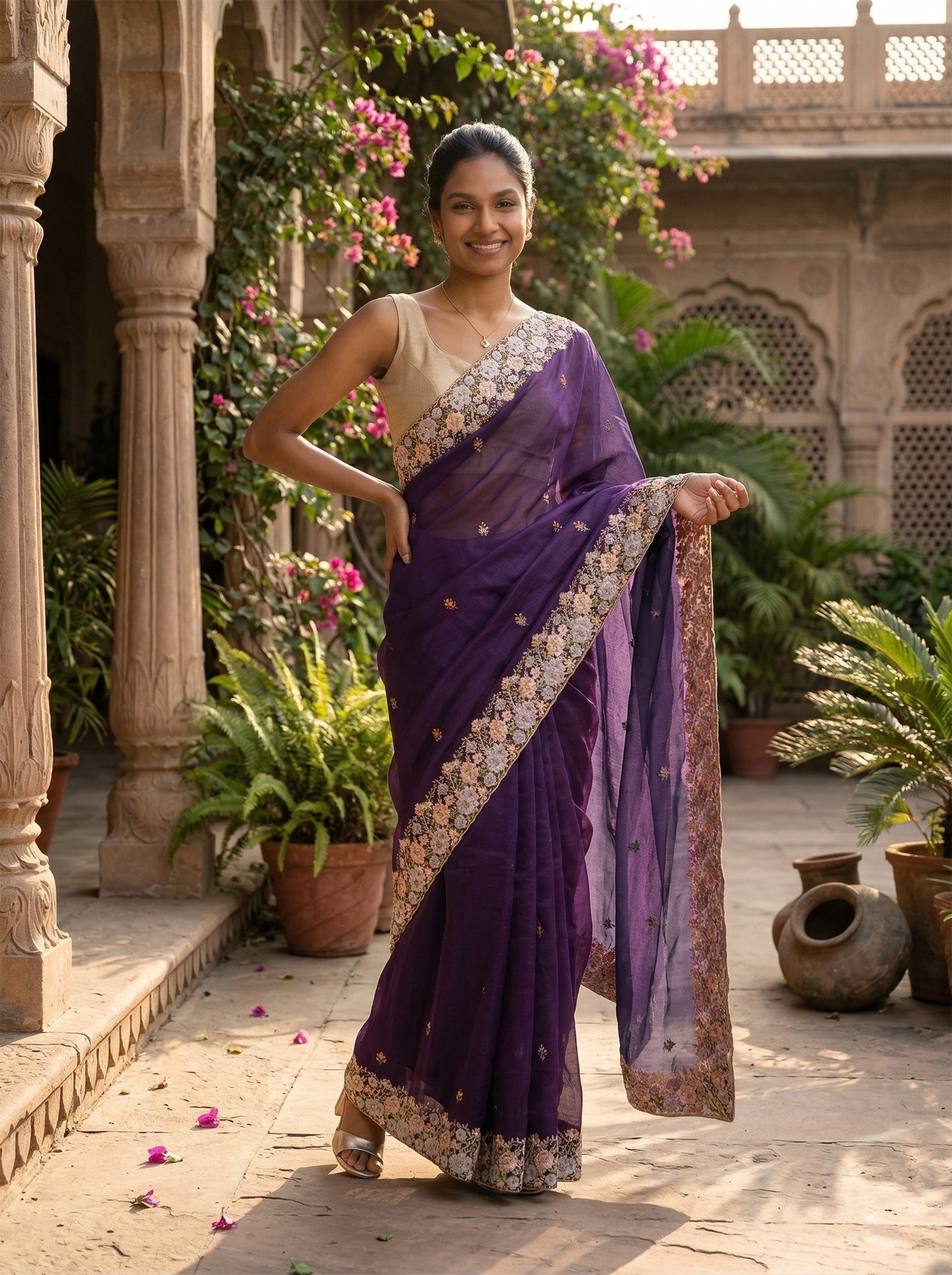 Woman in a purple saree standing in an outdoor setting with plants and architecture.