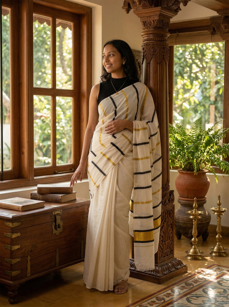 Woman in a white saree with black and gold patterns standing in a room with wooden furniture and plants.