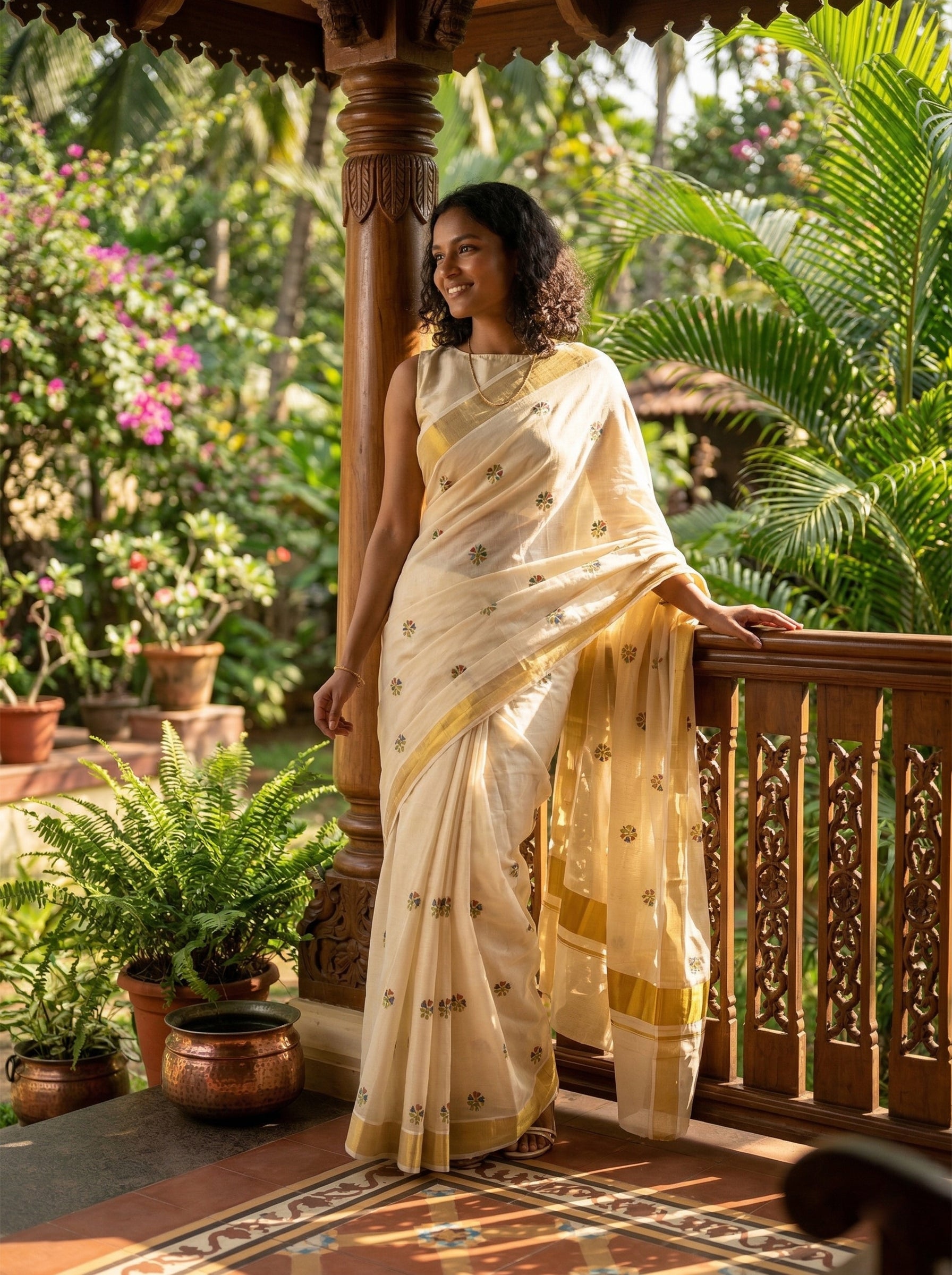 Woman in a traditional saree standing on a balcony with greenery in the background