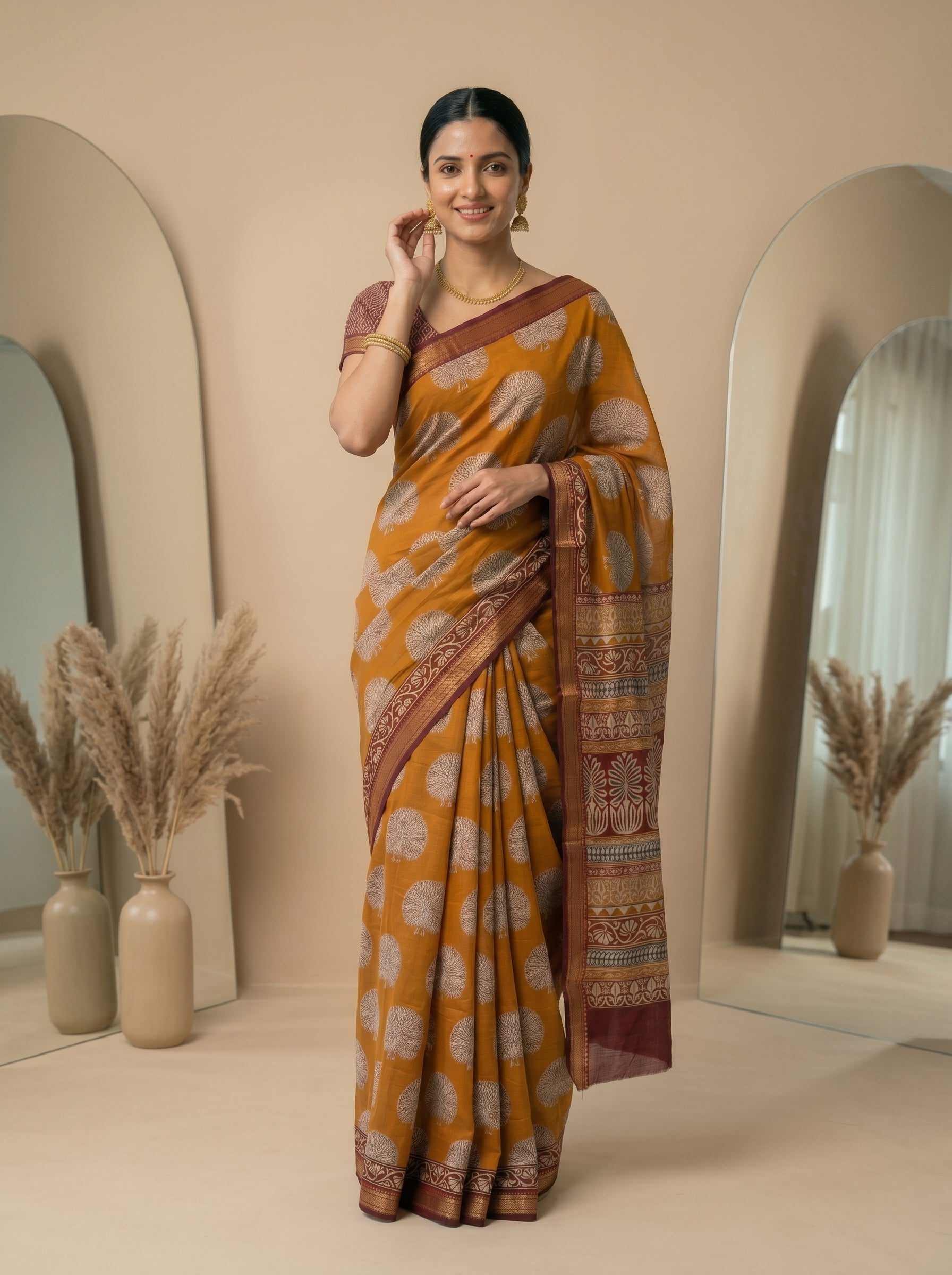 Woman wearing a traditional saree in a minimalistic setting with mirrors and decorative plants.