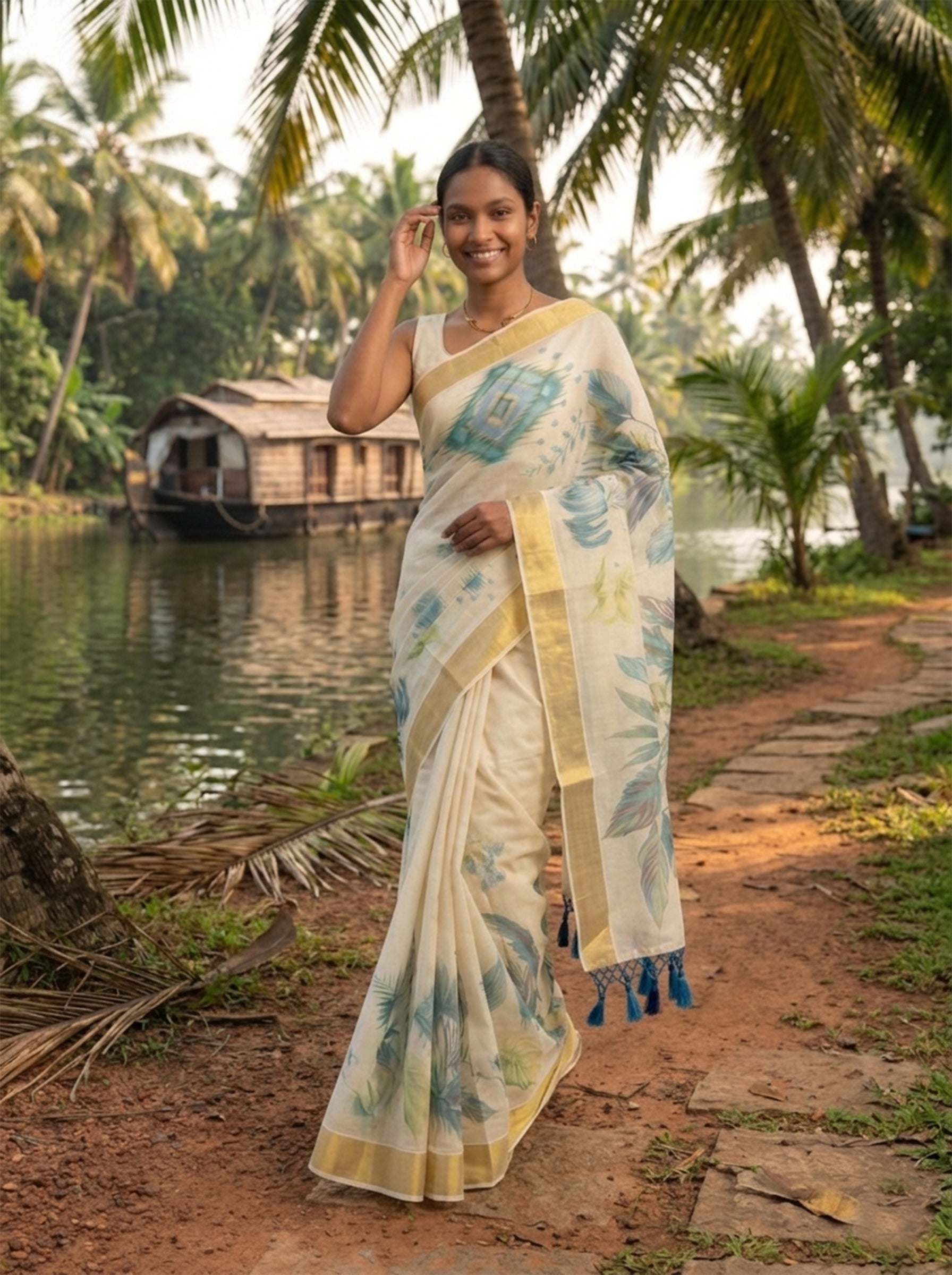 Woman in a white saree with blue patterns standing by a body of water with palm trees in the background.