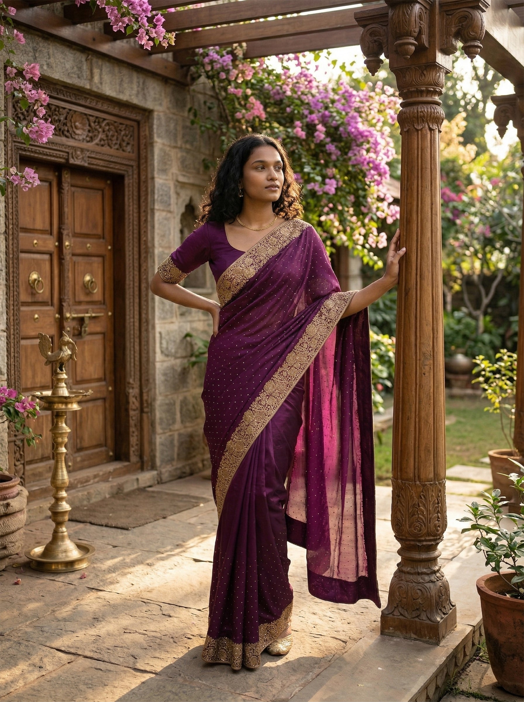 Vijithra Silk Wine Purple Embroidered Saree with Rich Gold Floral Border