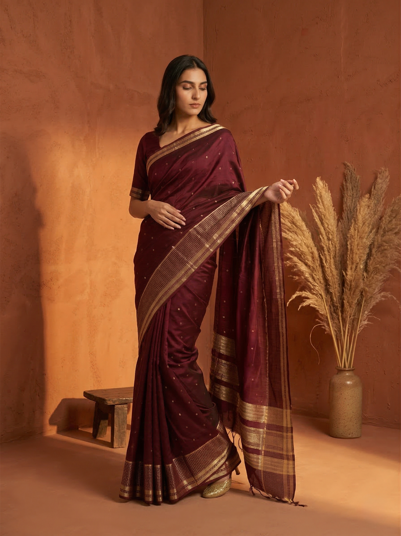 Woman in a maroon saree with gold border standing against an orange wall.