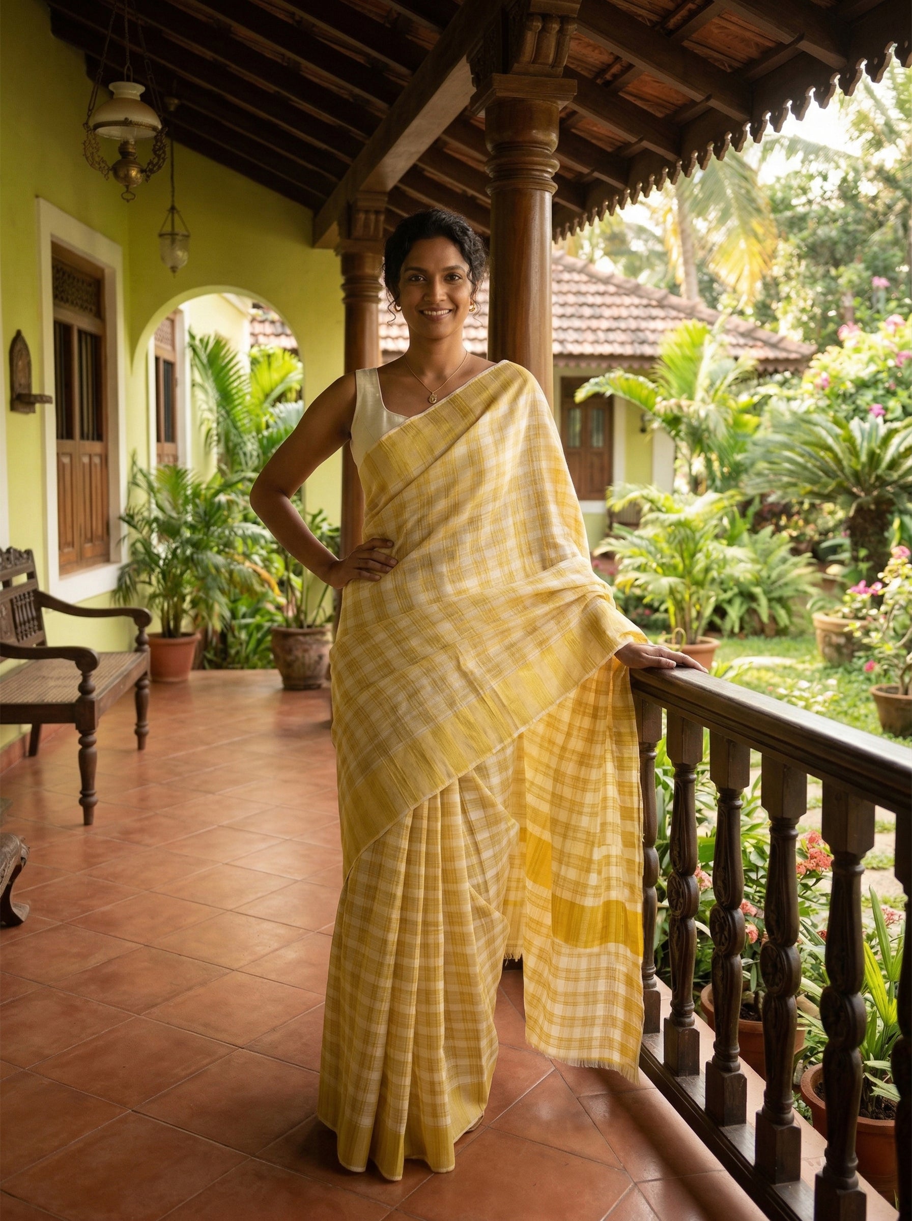 Woman in a yellow saree standing on a balcony with greenery in the background