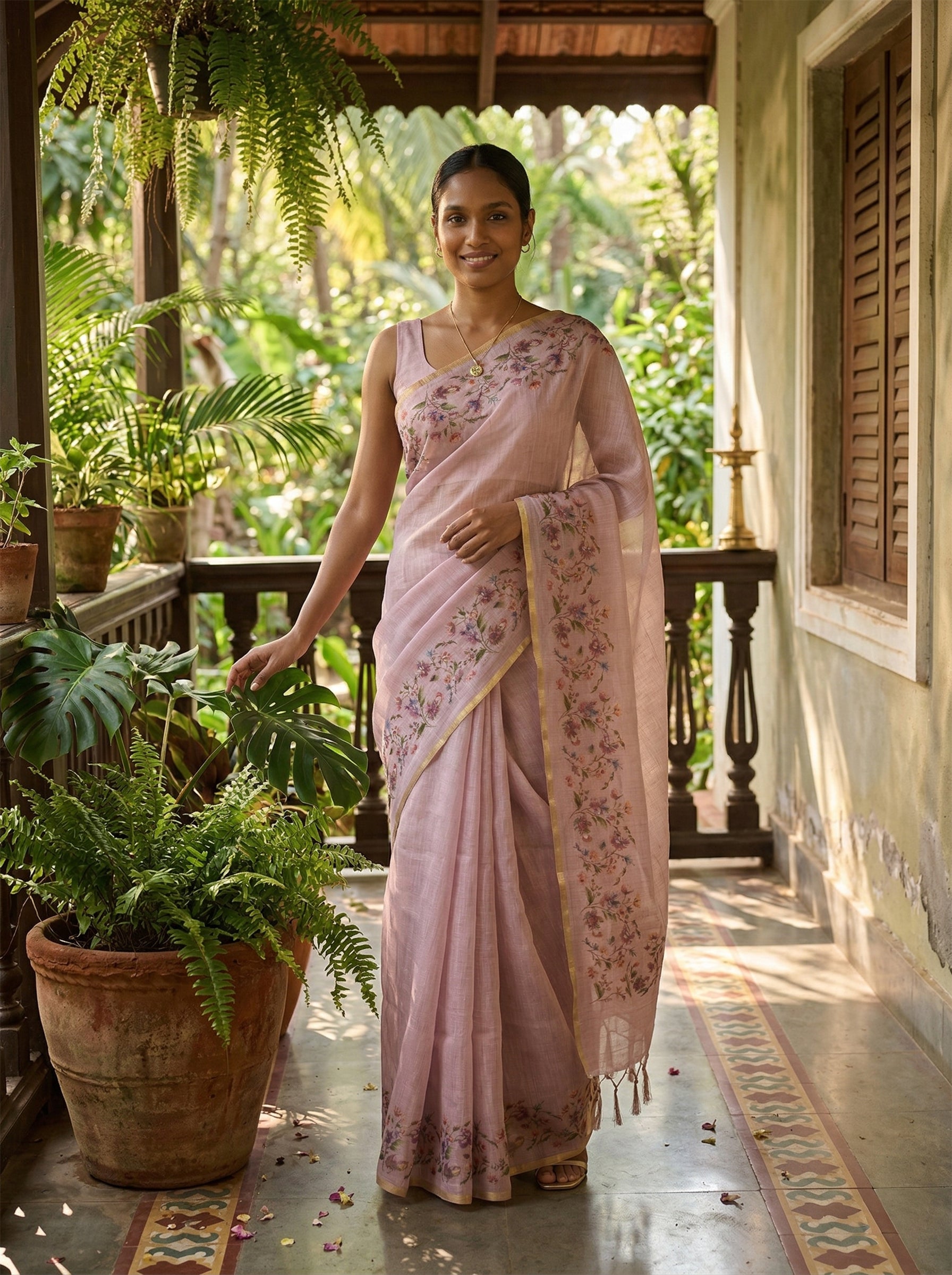 Linen Pink Floral Embroidered Saree