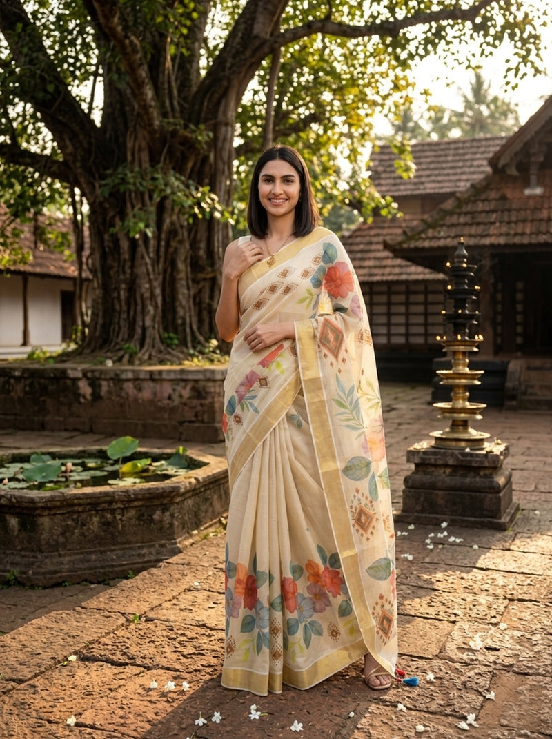 Woman in a floral saree standing in front of a traditional building with trees in the background
