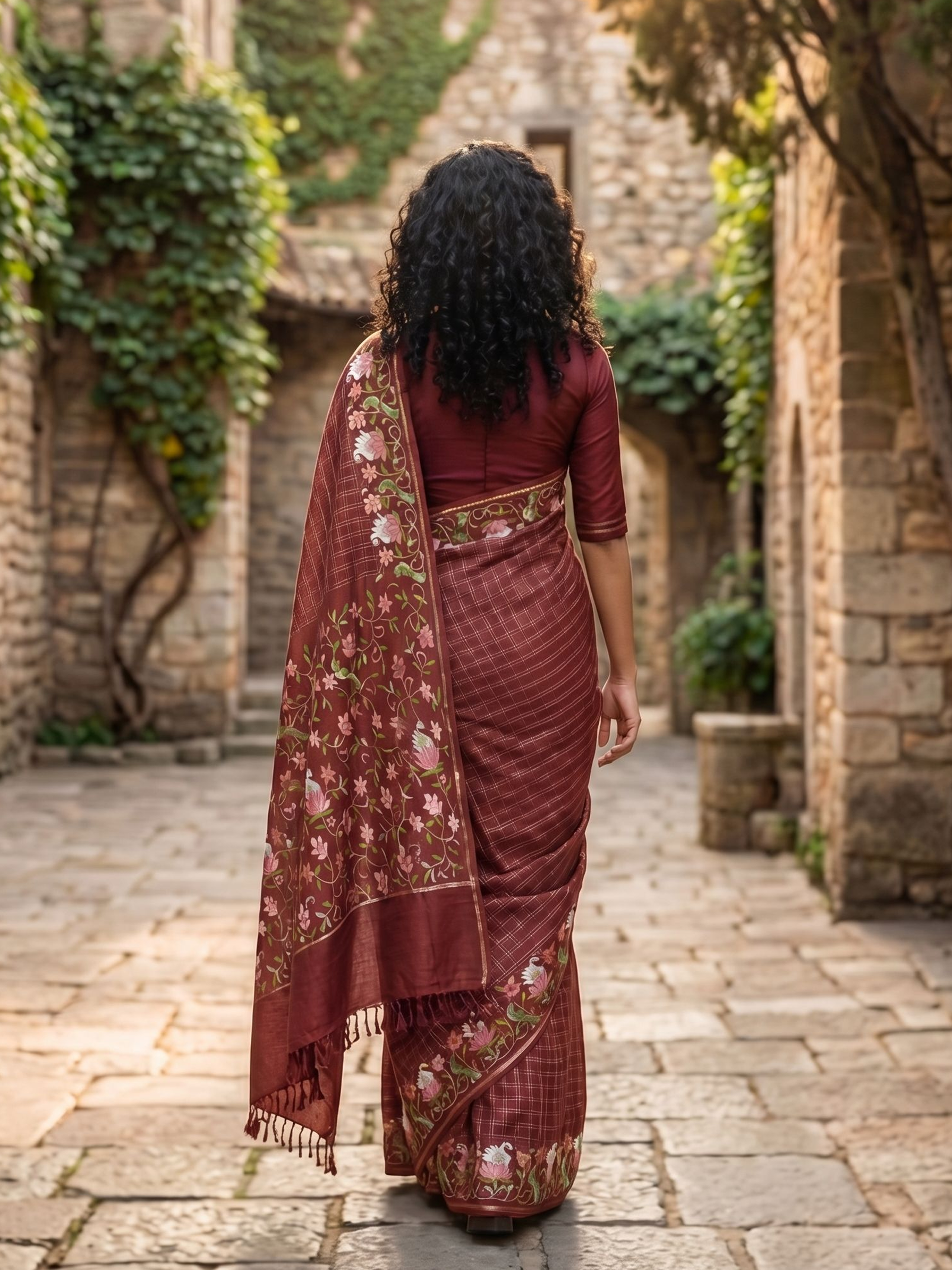 Semi Tussar Maroon Checked Floral Embroidery Saree