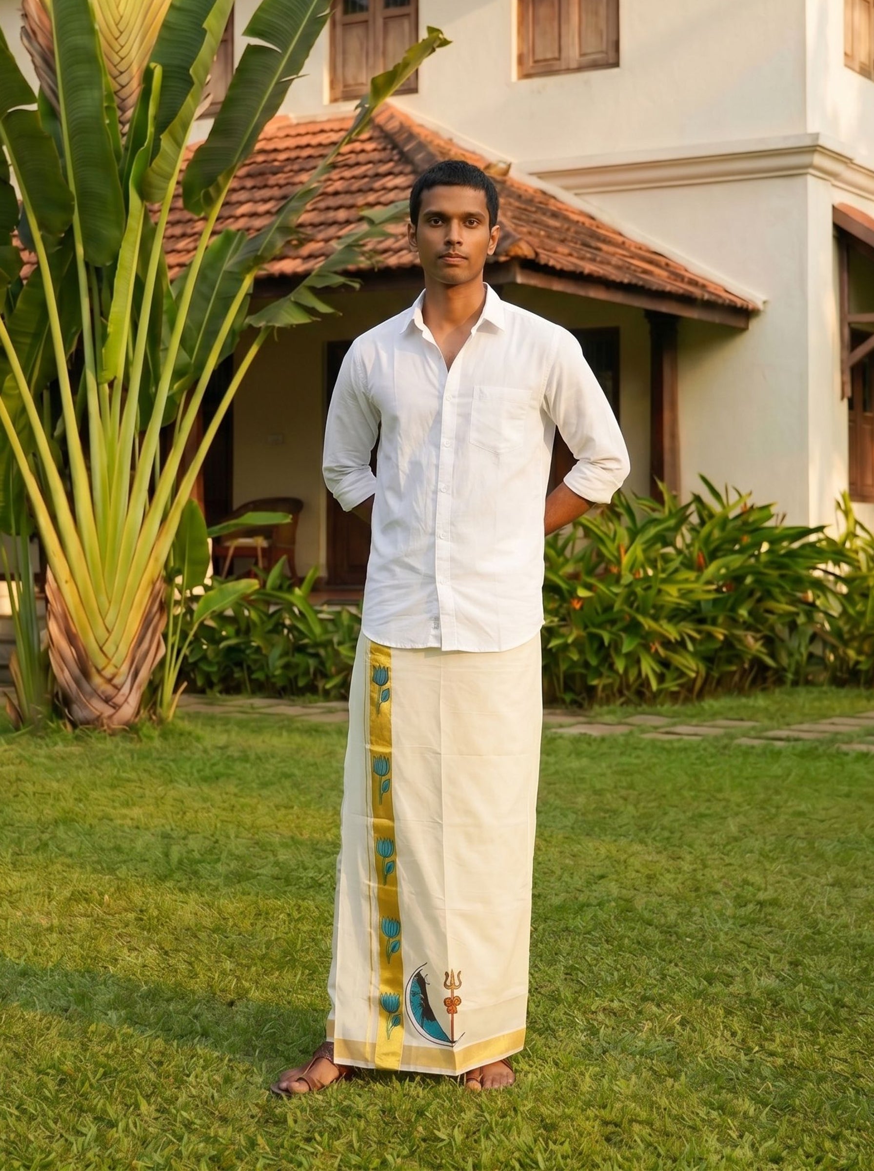 Man in traditional white shirt and dhoti standing in a garden with a house in the background
