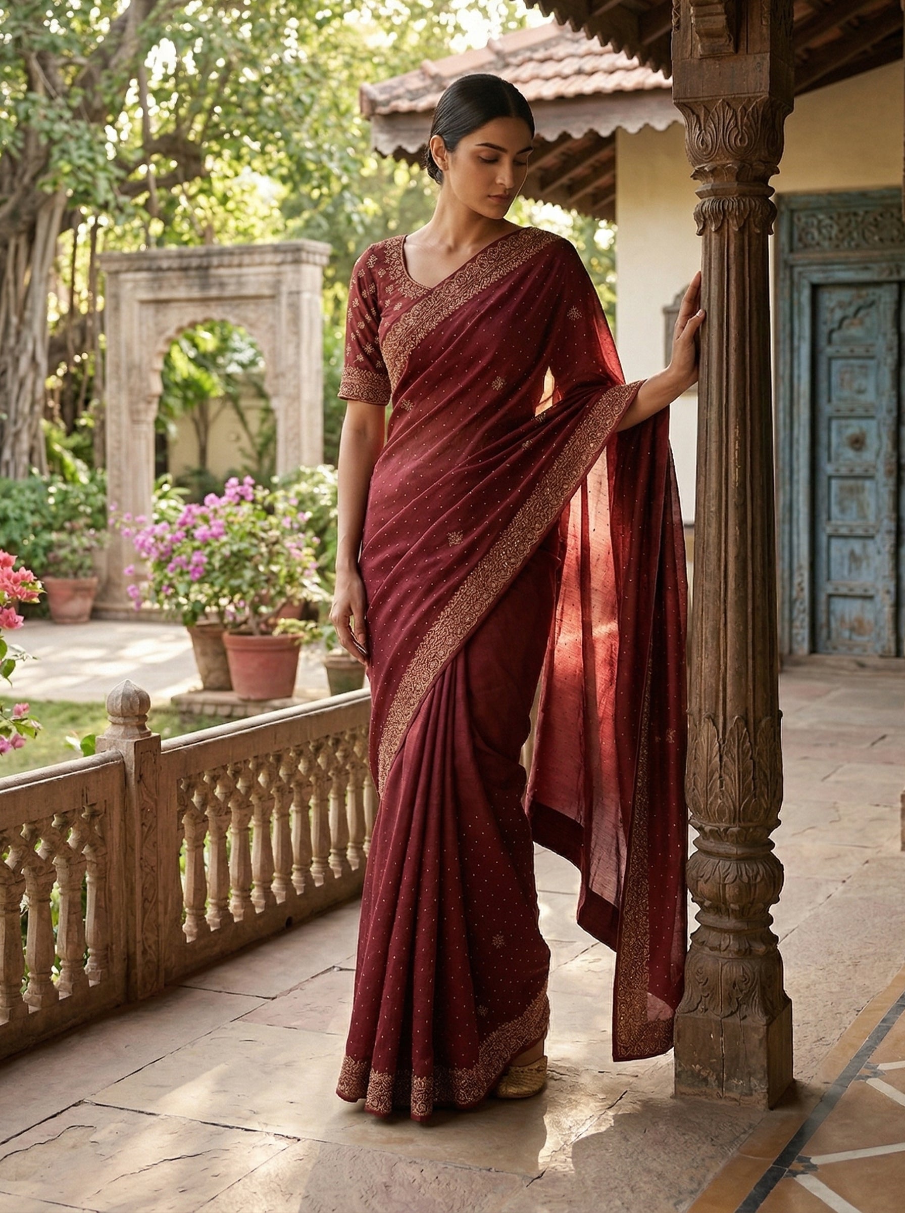 Vijithra Silk Maroon Red Stone Work  Border Designer Saree