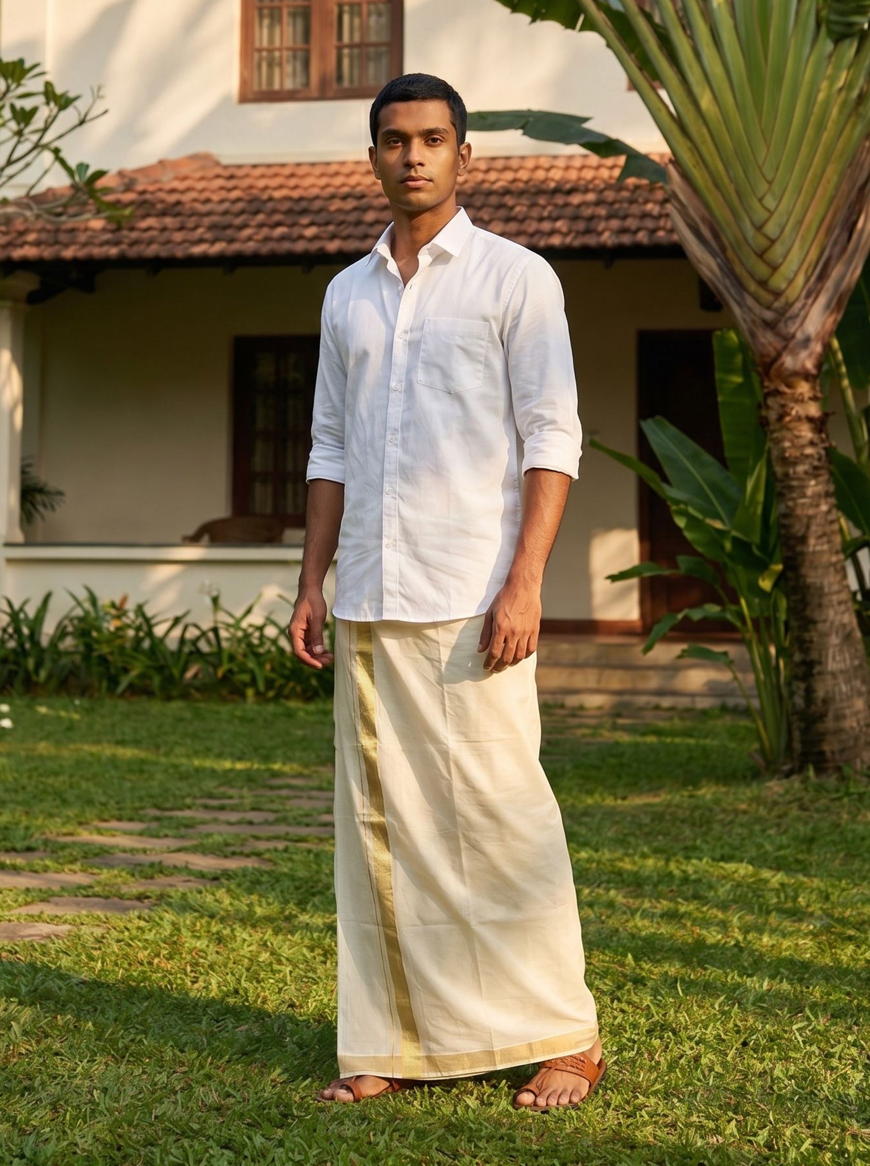 Men's Cotton Cream Festival Wear Kerala Golden Stripe Kasavu Dhoti