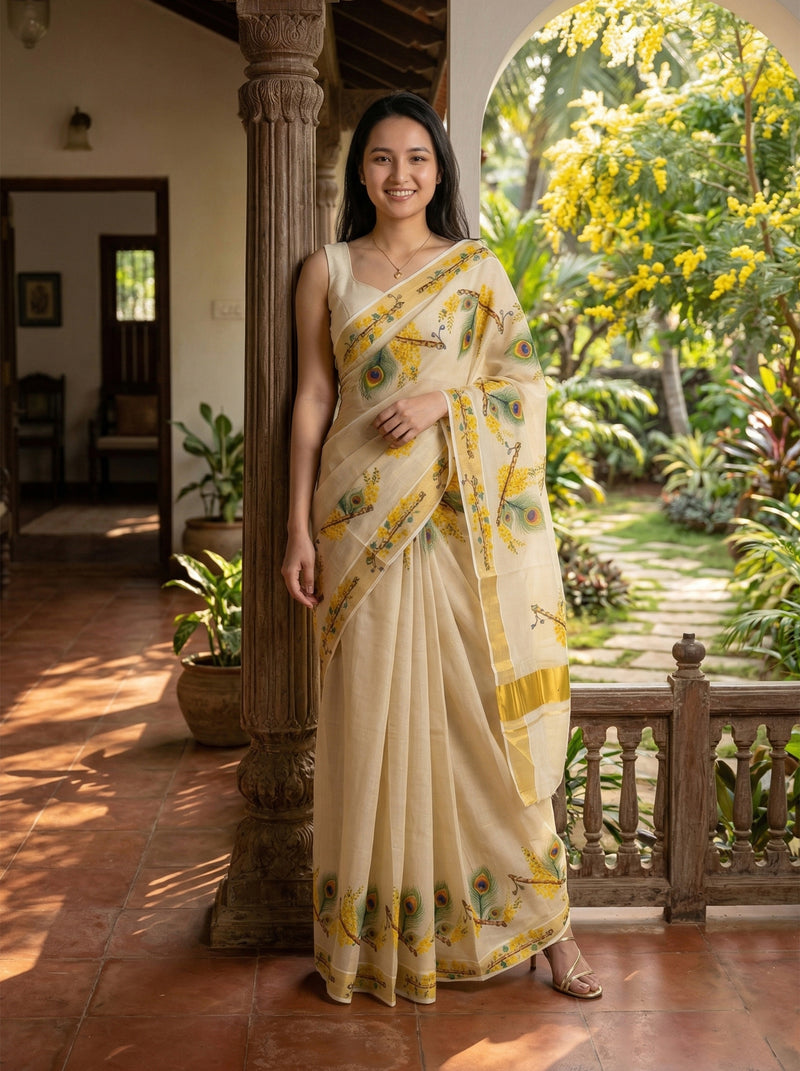 Woman in a white saree with yellow patterns standing in a garden setting.
