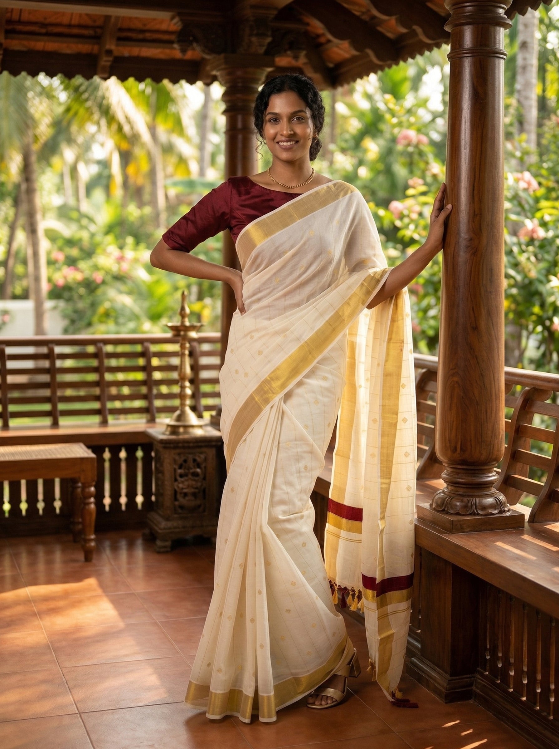 Woman in a traditional saree standing in a garden setting