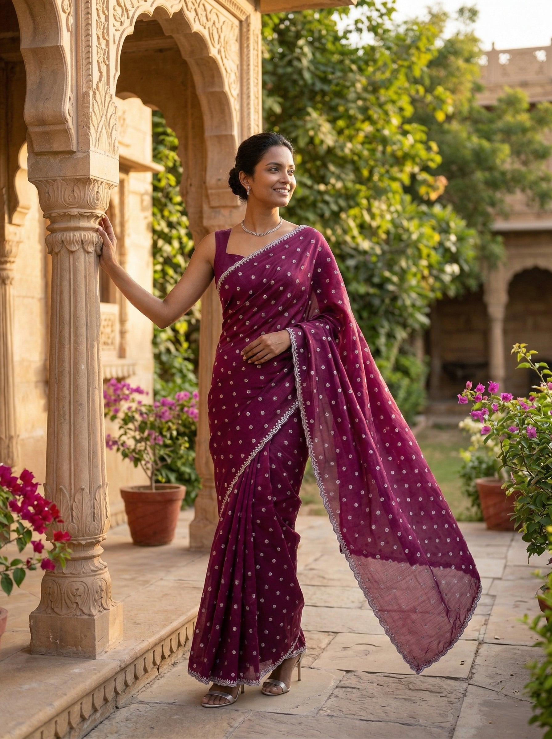 Shimmer Organza Wine Polka Dot Designer Saree with Embellished Border