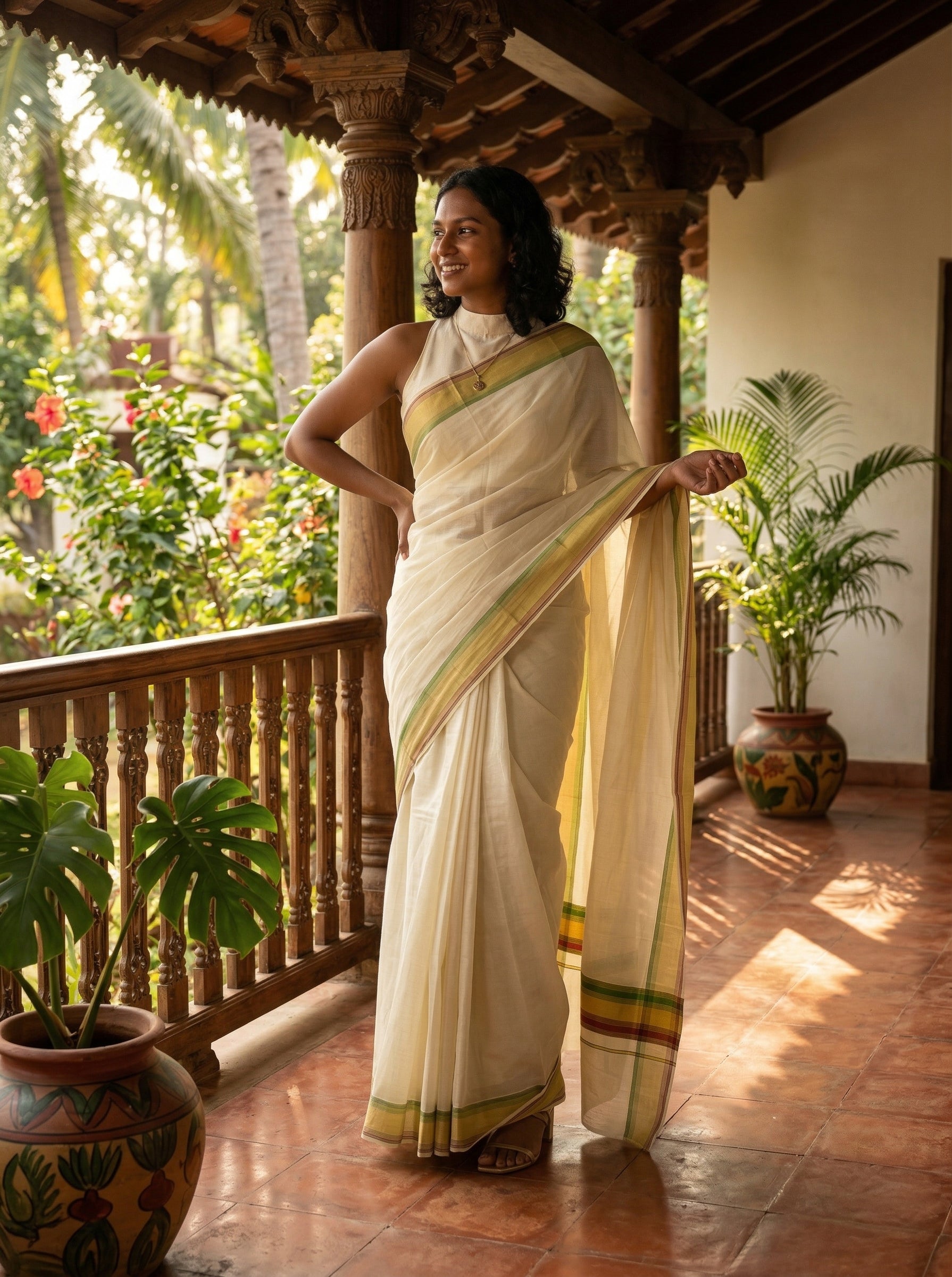Woman in a white saree standing on a balcony with plants and flowers in the background