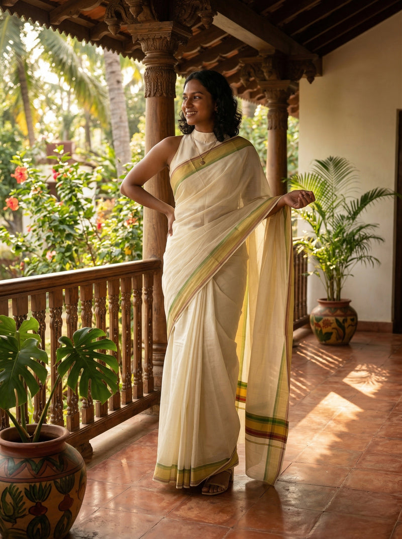 Woman in a white saree standing on a balcony with plants and flowers in the background