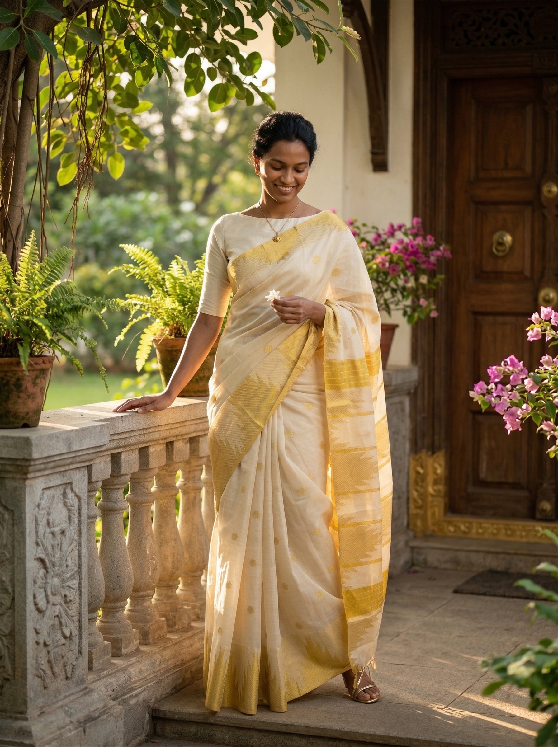 Woman in a white and yellow saree standing on a balcony with greenery and flowers.