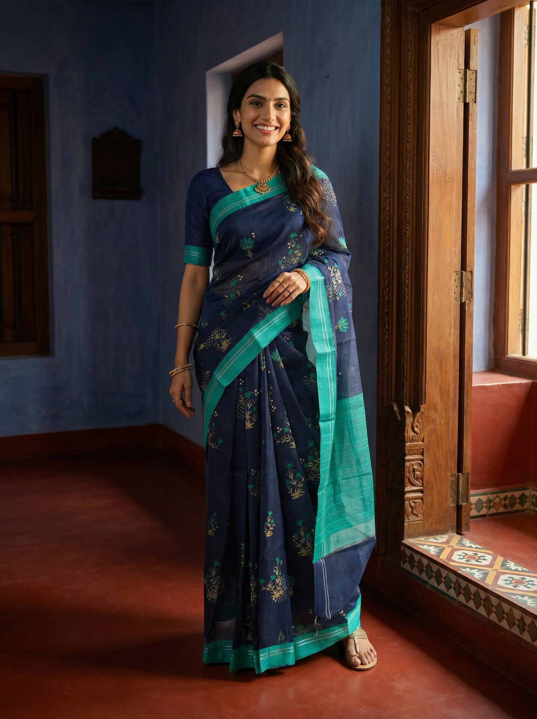 Cotton Navy Blue Saree with Sea Green Border and Gold Buttas