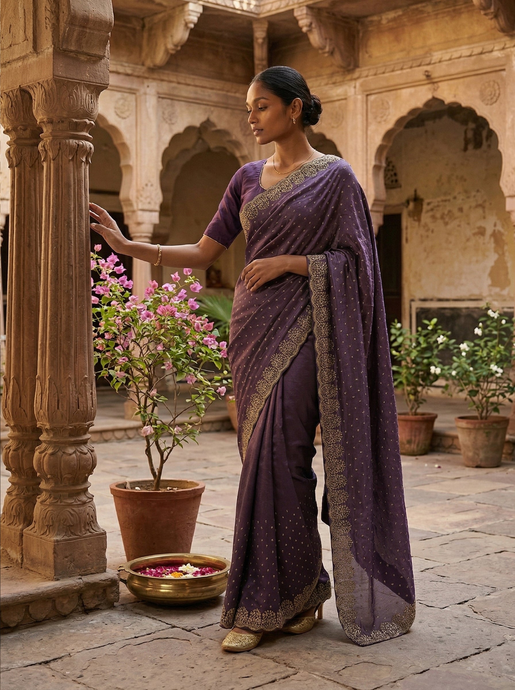 Woman in a purple saree standing in an outdoor setting with architectural elements and plants.