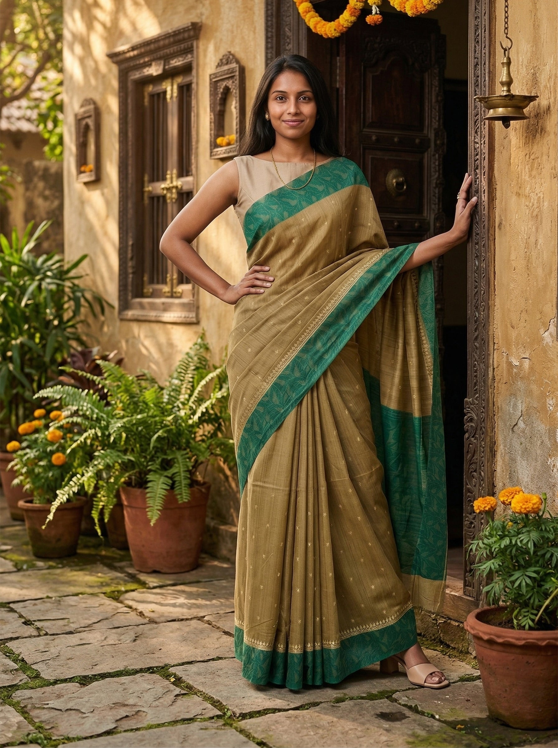 Chanderi Cotton Olive Green Border Saree