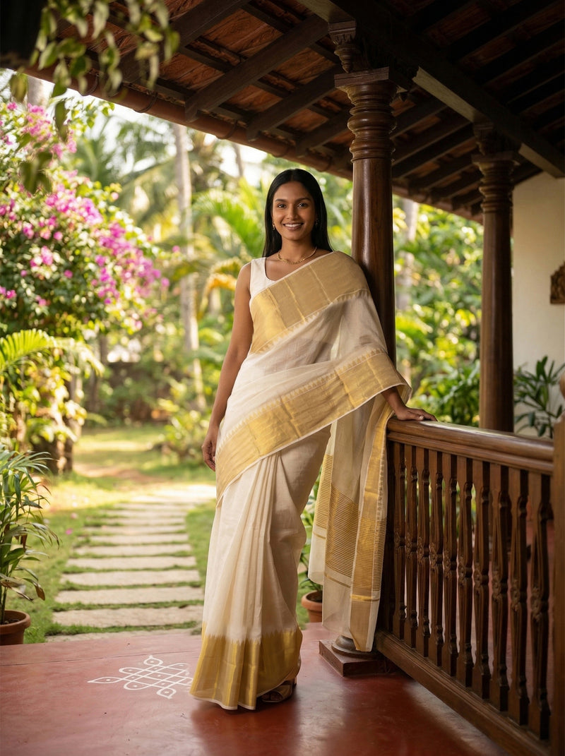 Woman in a traditional saree standing on a wooden veranda with greenery in the background