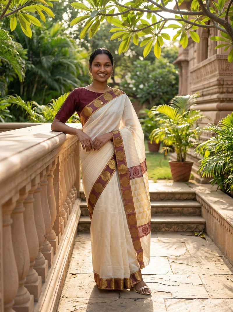 Woman in a traditional saree standing in a garden setting