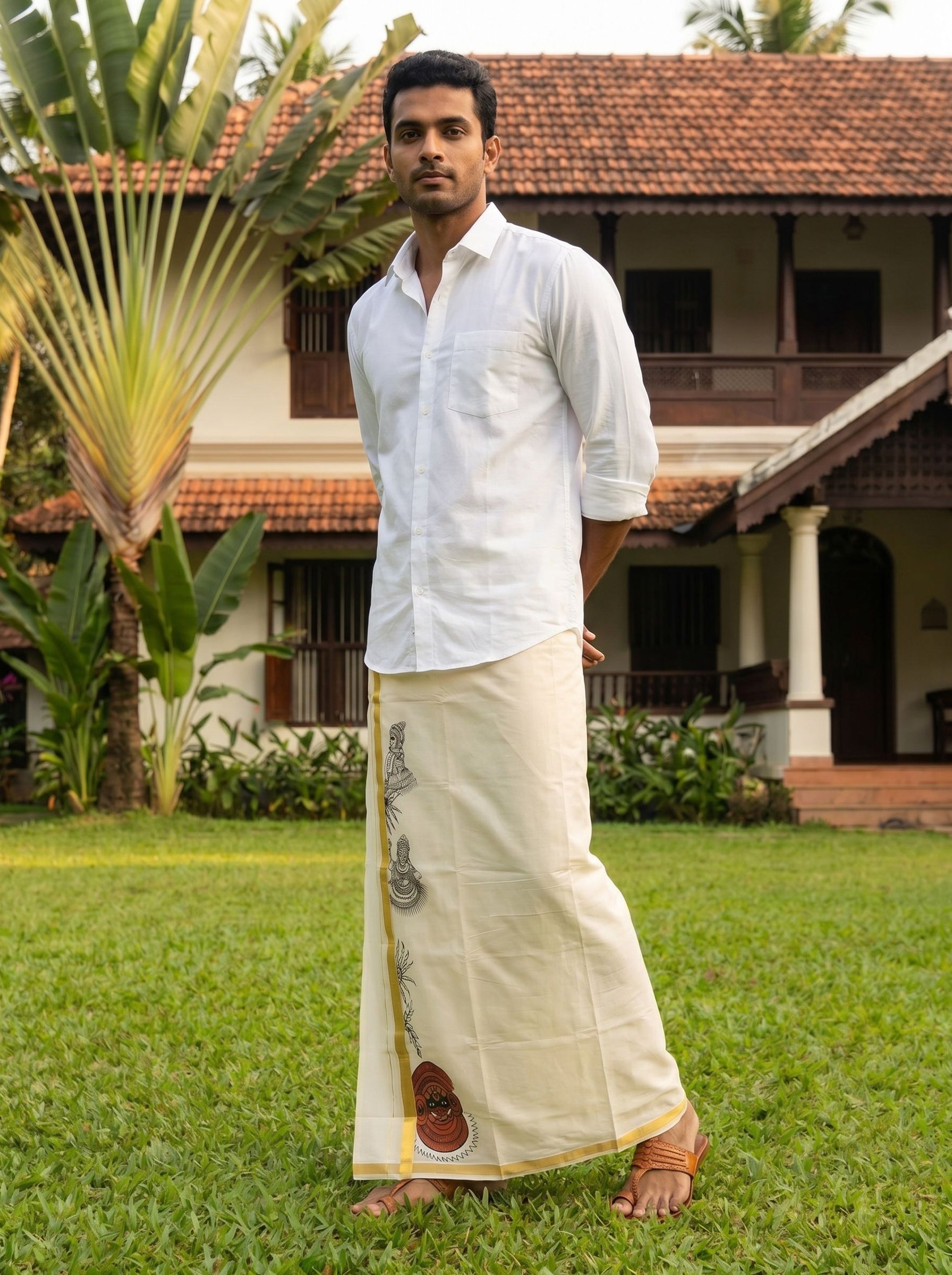 Men's Pure Cotton Cream Golden Kasavu Border Theyyam Hand Paint Kerala Dhoti