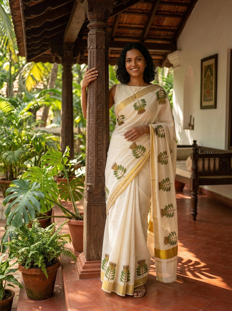Woman in a white saree with green patterns standing in a tropical setting.
