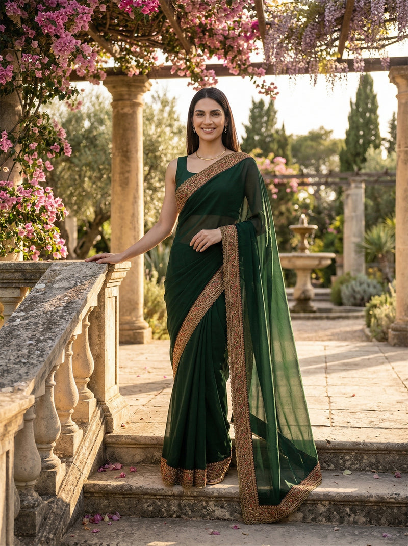 Woman in a green saree with gold border standing in an outdoor setting with flowers and columns.