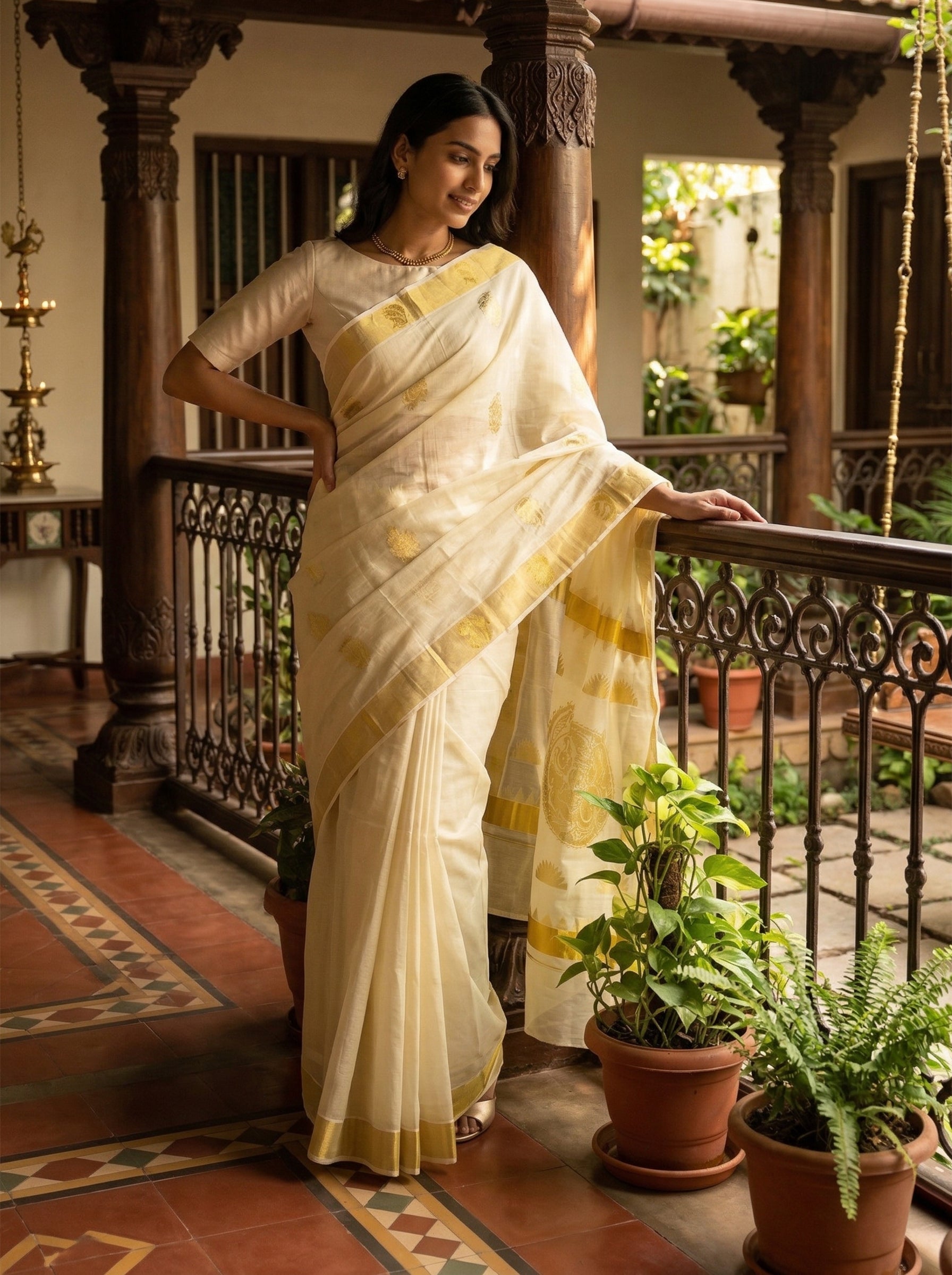 Woman in a white saree with gold border standing on a balcony with plants and traditional architecture.
