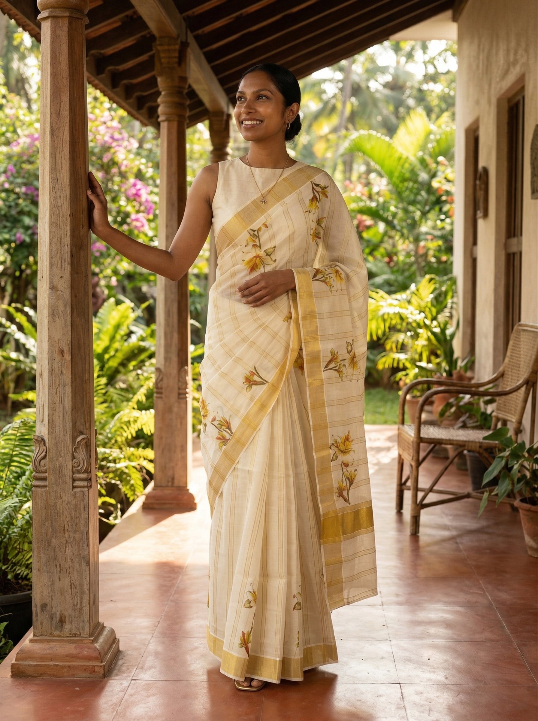 Woman in a white saree with yellow patterns standing on a wooden porch with greenery in the background