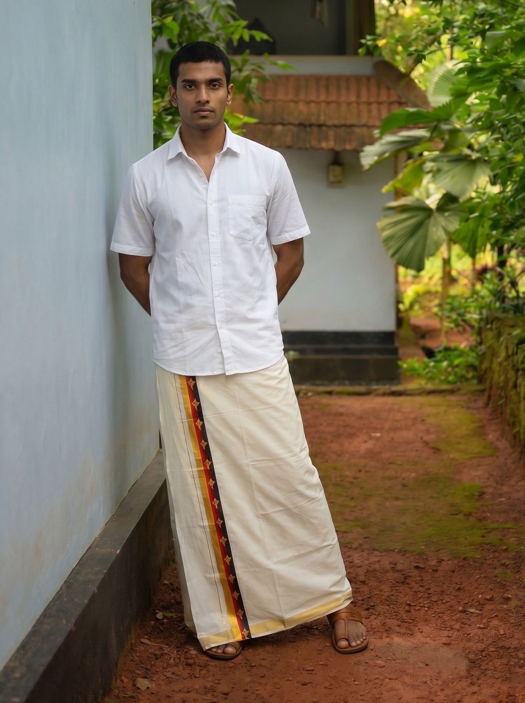 Men's Cotton Cream Golden Kasavu Dhoti With Multicolour Conch Shell Sticker Print