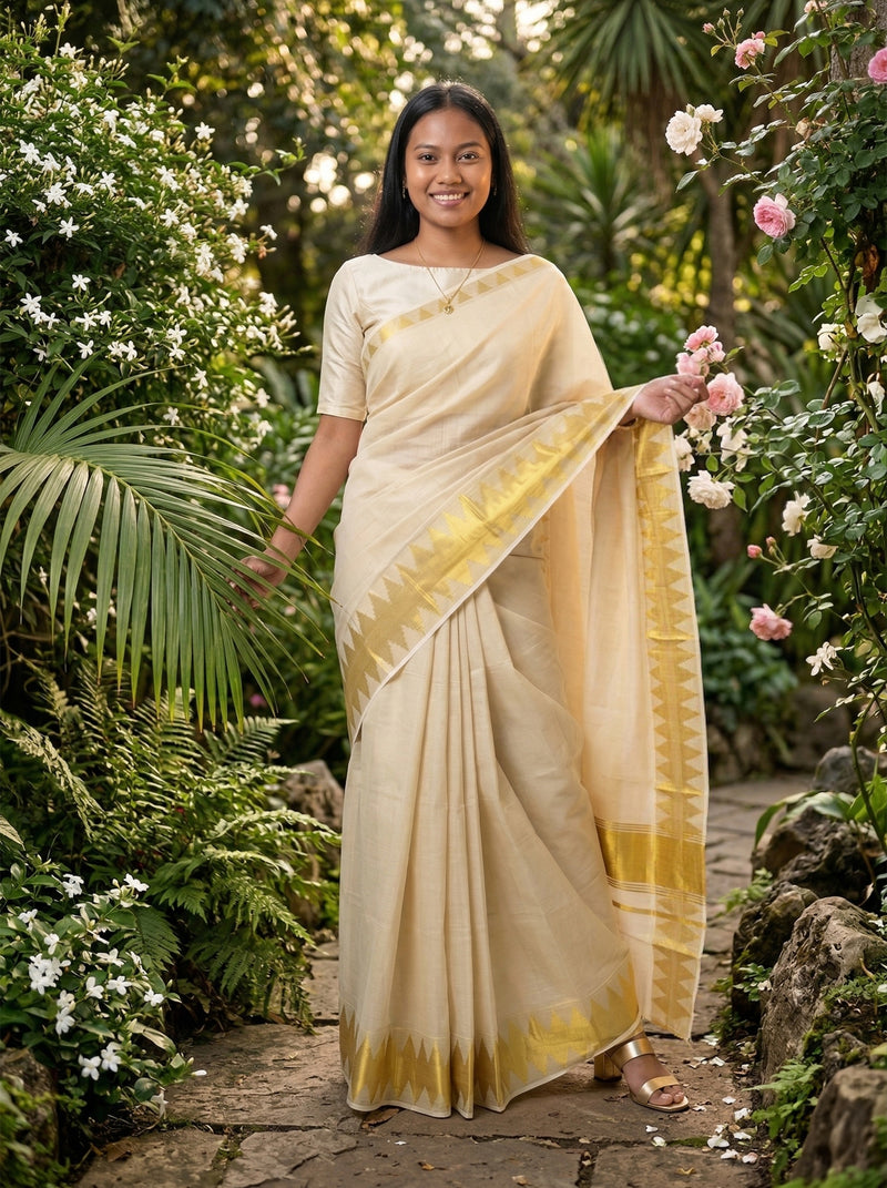 Woman in a beige saree standing in a garden with greenery and flowers.