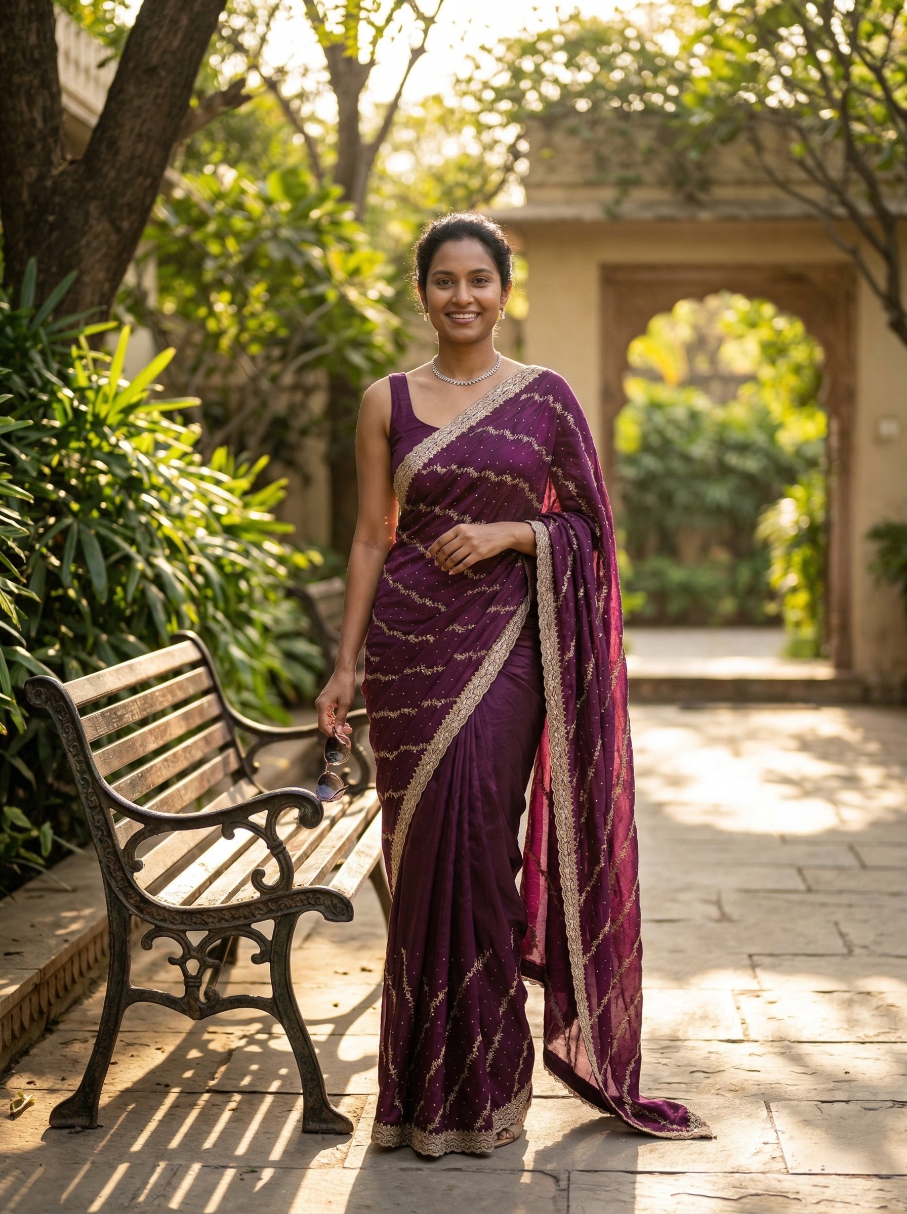 Woman in a purple saree standing outdoors with greenery and a bench in the background