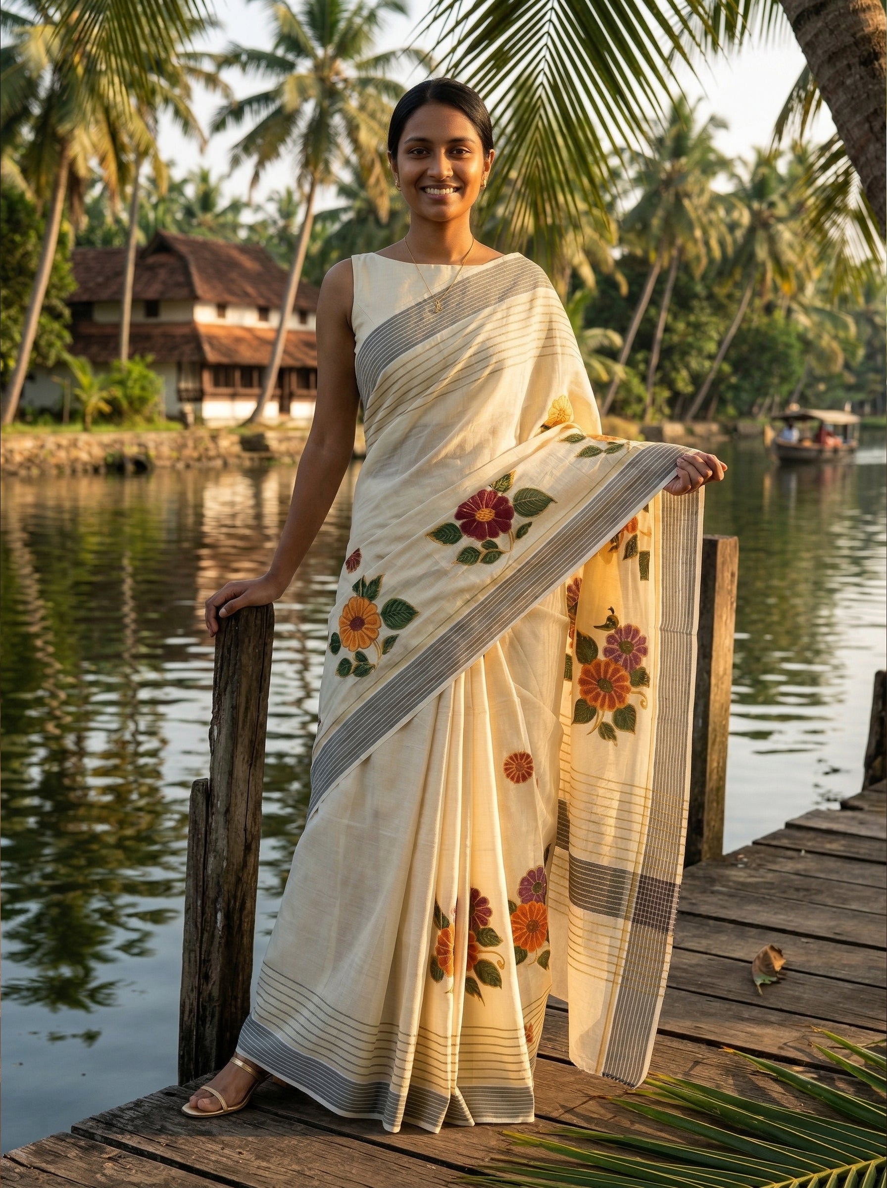 Woman in a traditional saree standing on a wooden dock with palm trees and water in the background