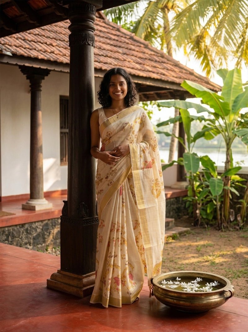 Woman in a traditional saree standing in a serene outdoor setting with greenery and a traditional building.
