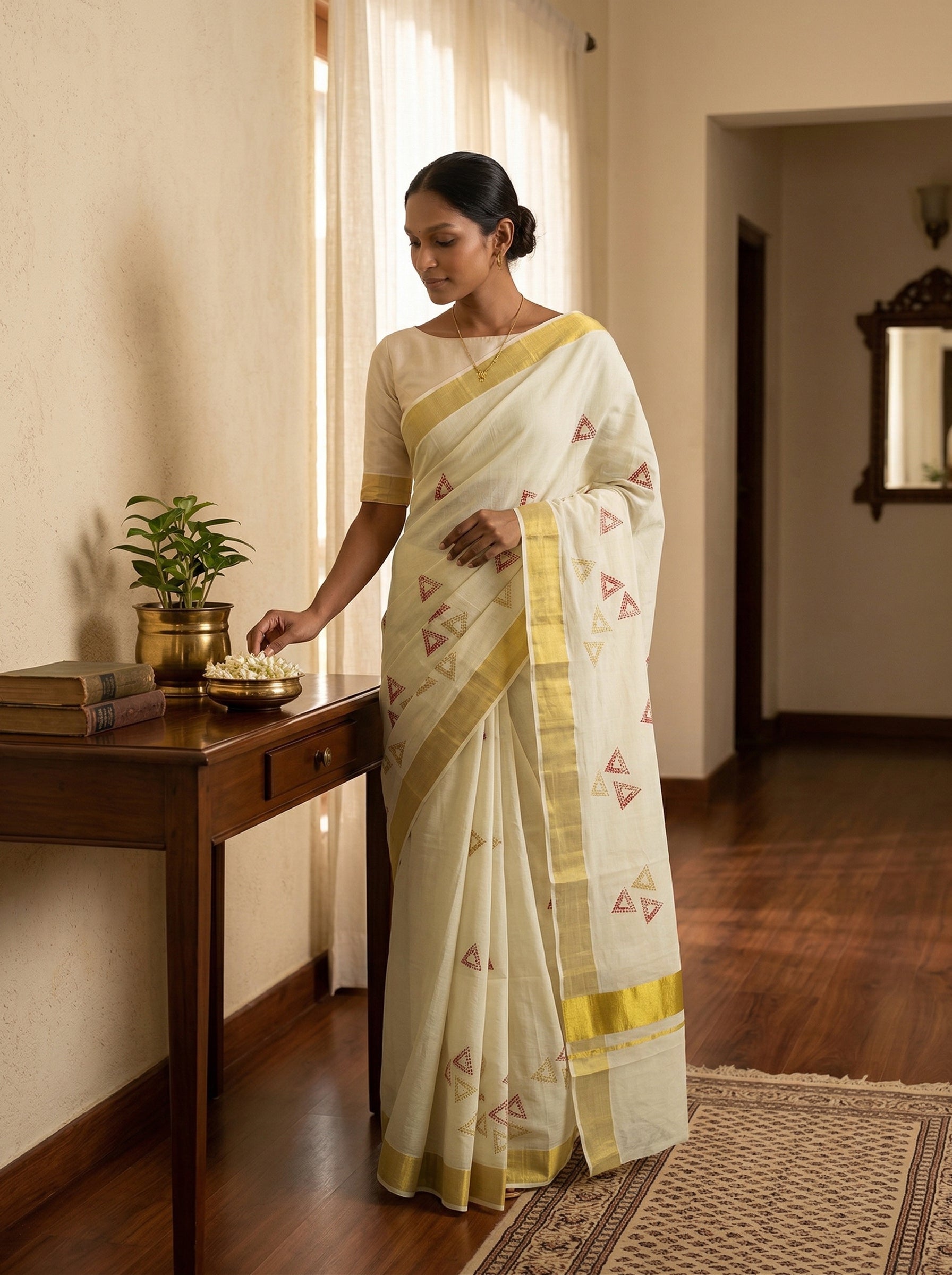 Woman in a white saree with yellow border standing in a room with a wooden table and plant.