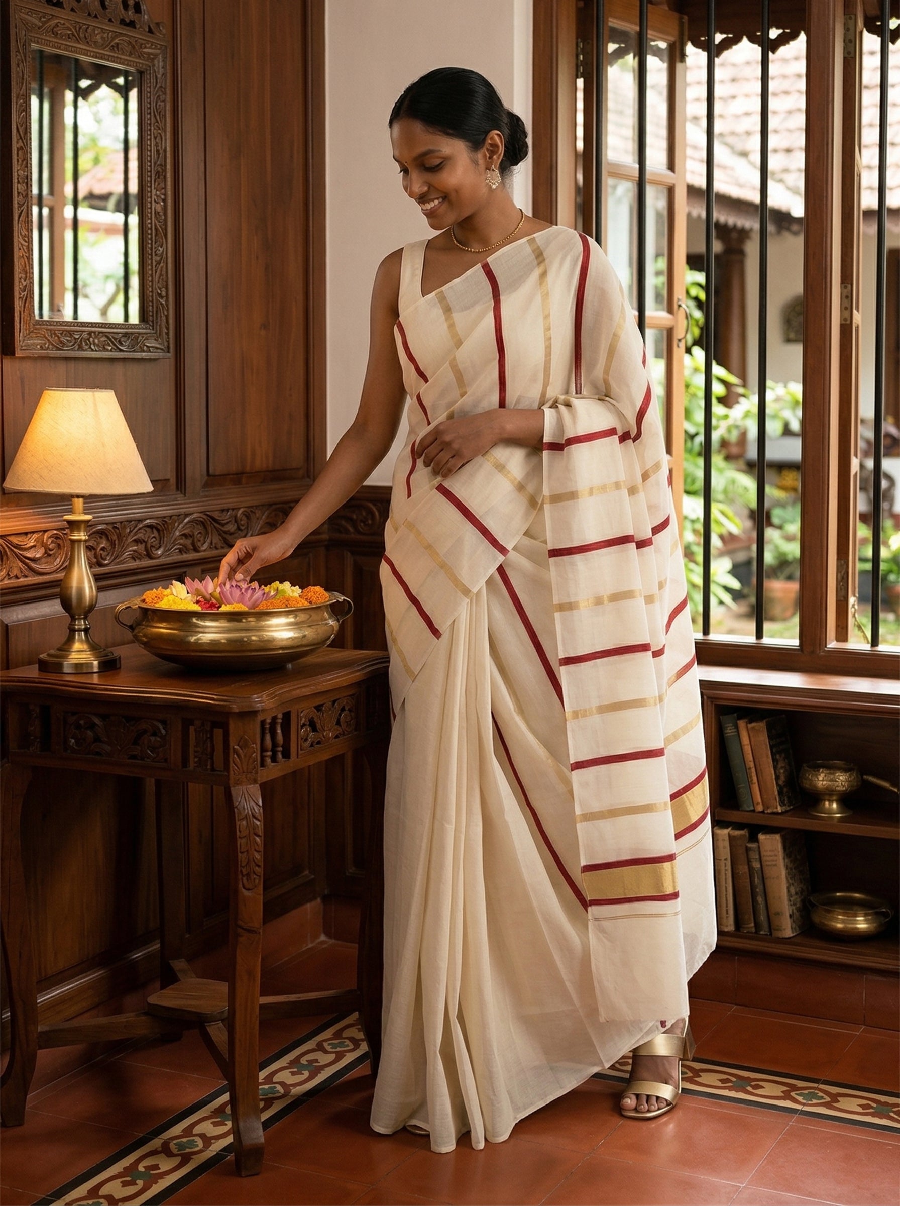 Tissue Saree Off-White, Gold & Red Triple Kasavu Stripe Woven Pattern Traditional  Zari Border