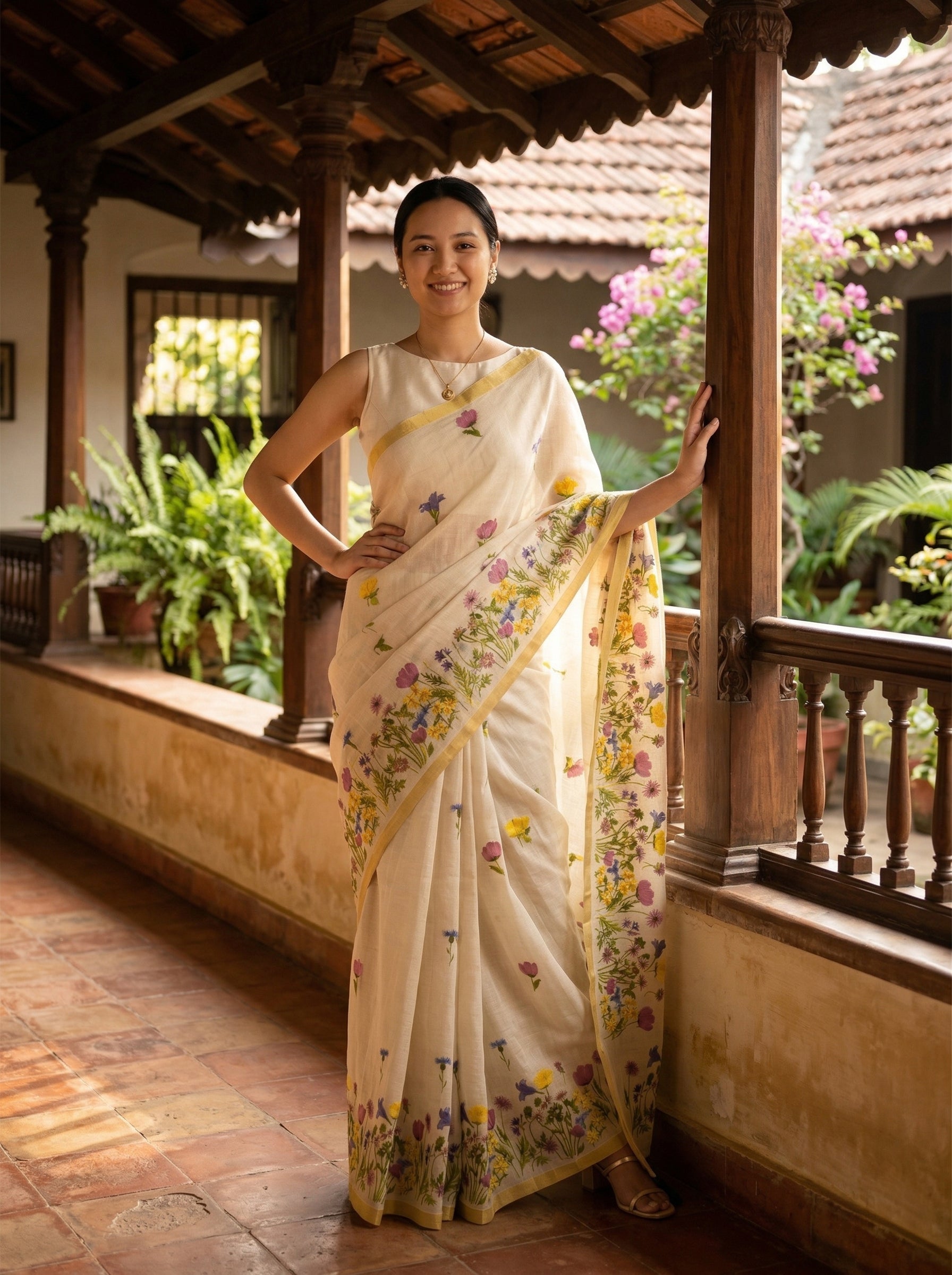 Woman in a traditional saree standing in a sunlit room with plants and wooden architecture.