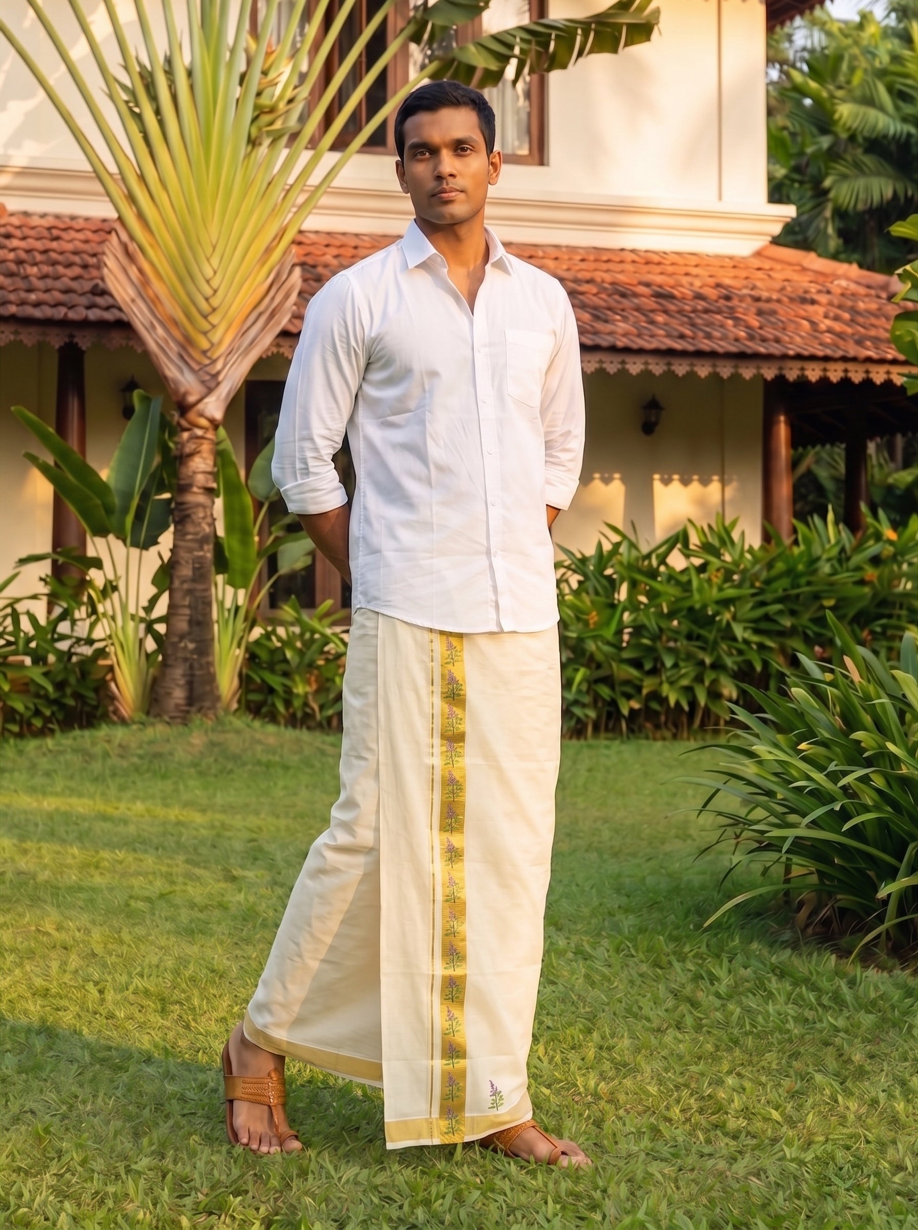 Men's Cotton Cream Festival Wear Kerala Dhoti with Golden Holy Basil Border