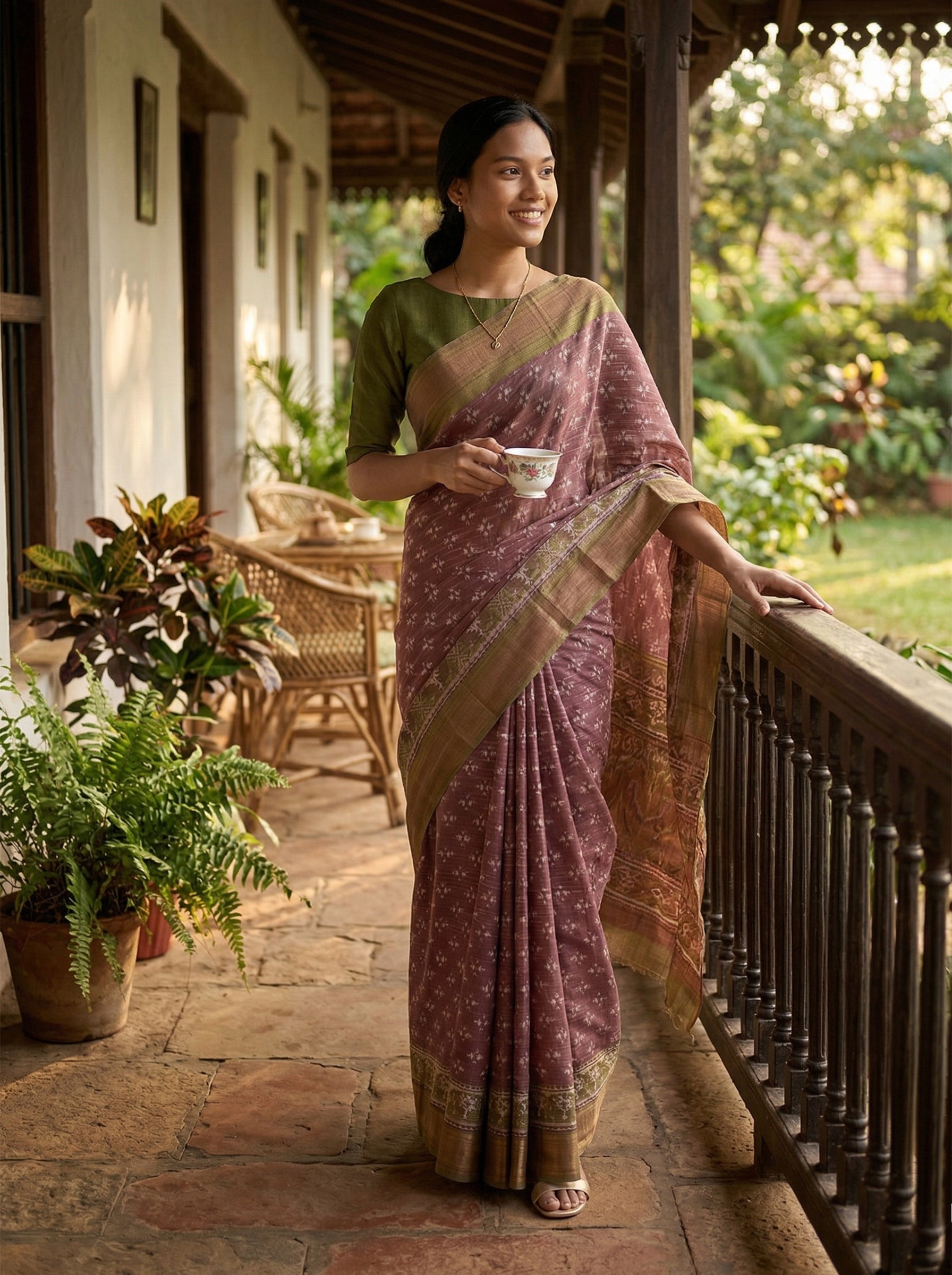 Chanderi Cotton Mauve And Olive Printed Saree
