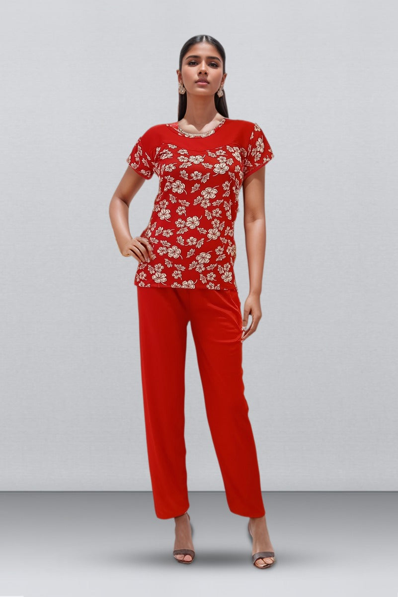Red & White Color Satin Sleep Wear With Print Design