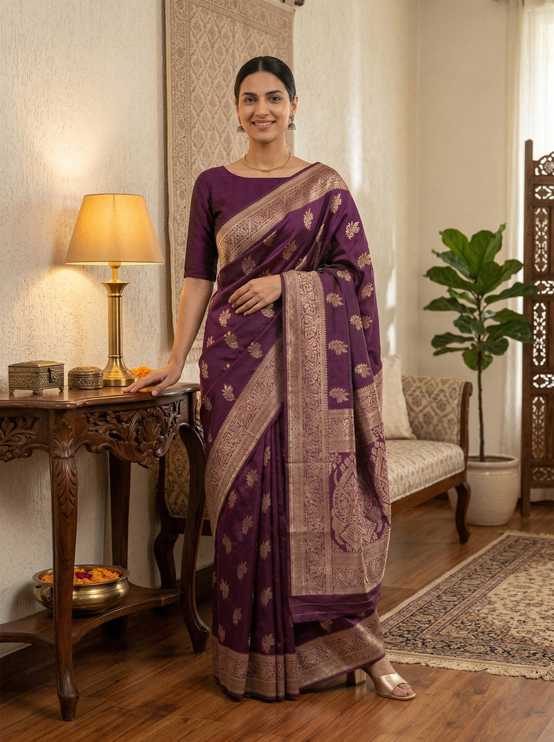 Woman in a purple saree standing in a room with a lamp and plant.
