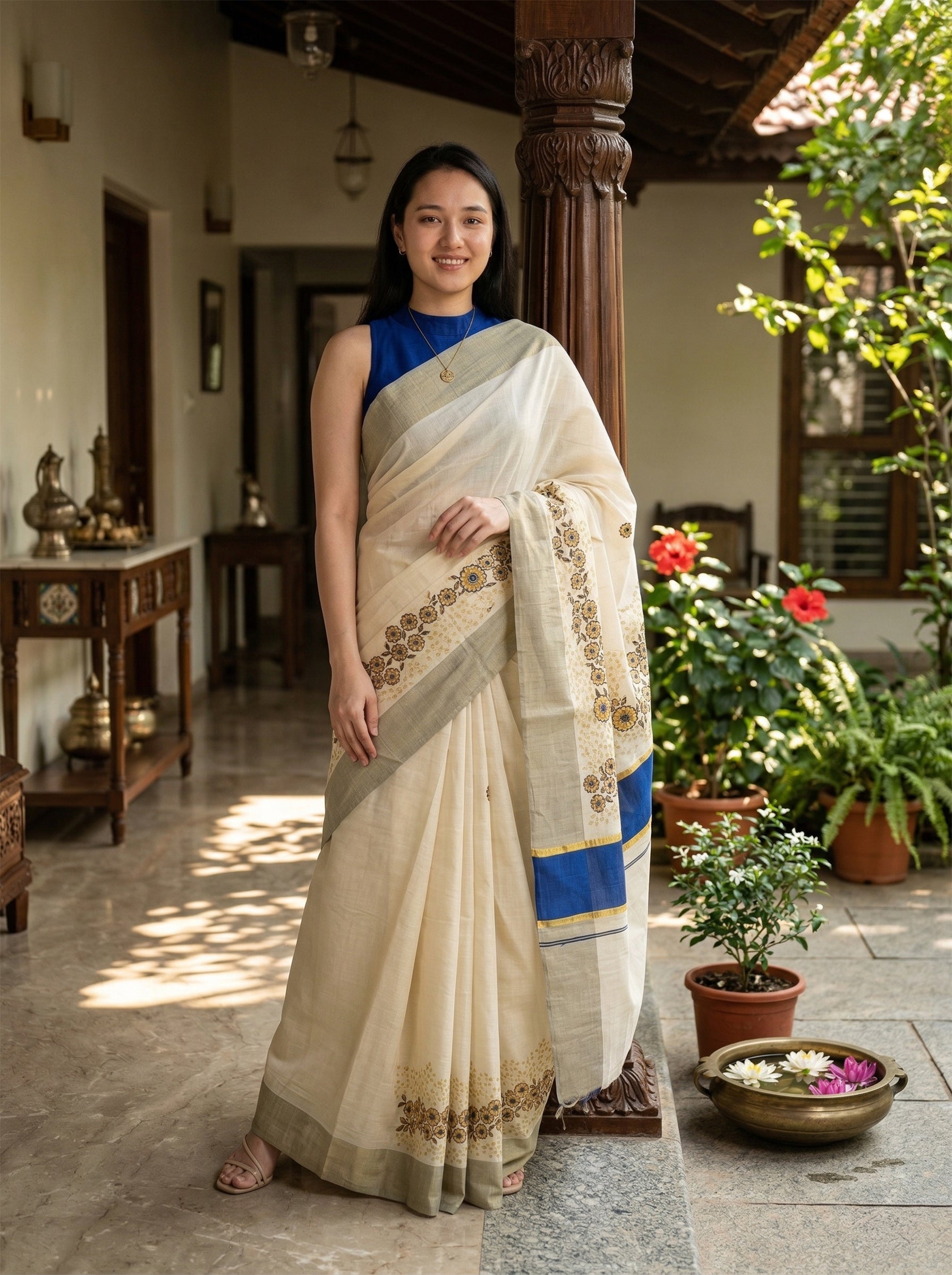 Woman in a white saree with blue accents standing in a sunlit room with plants.
