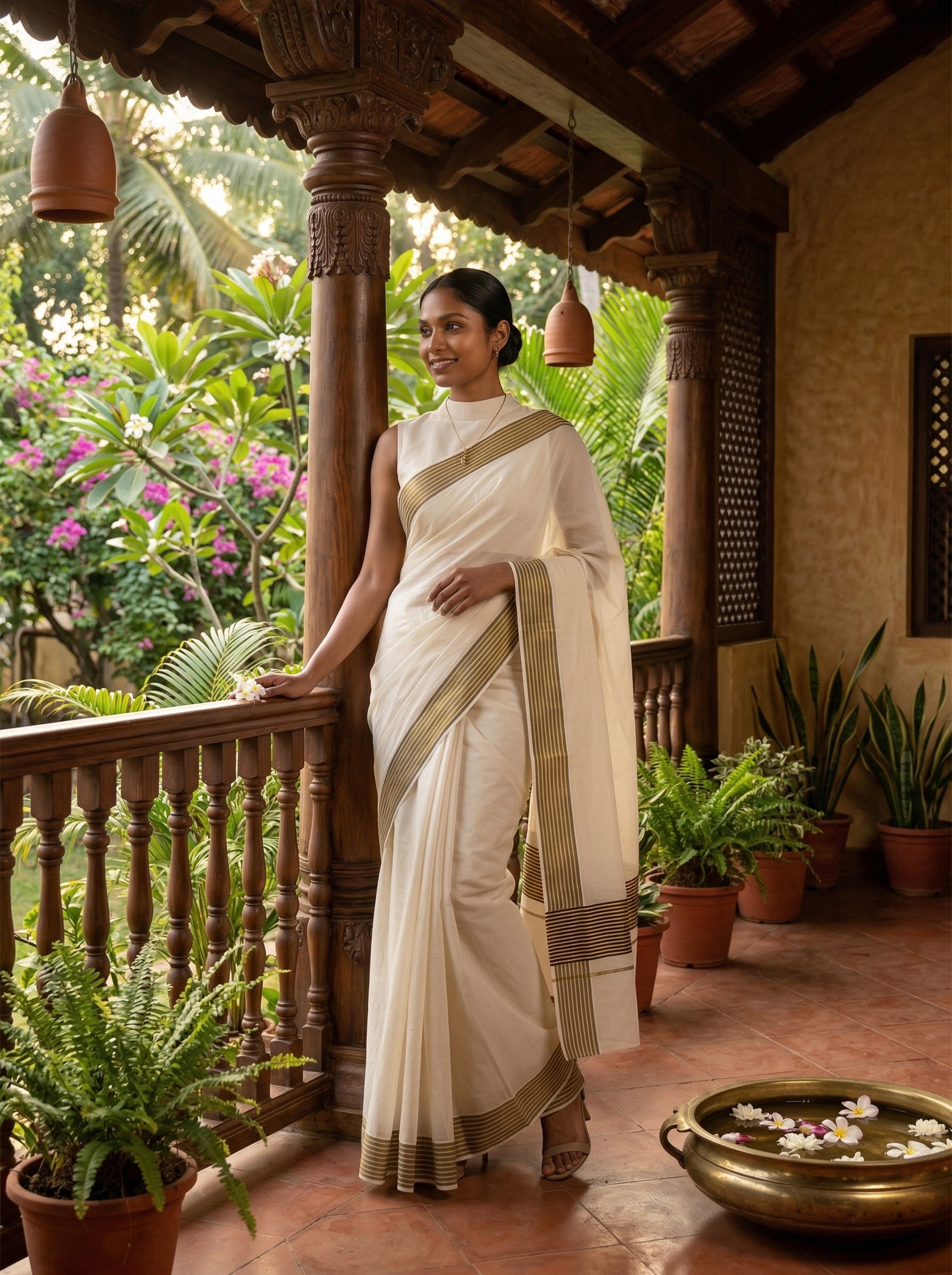 Woman in a white saree standing on a balcony with plants and a garden view.