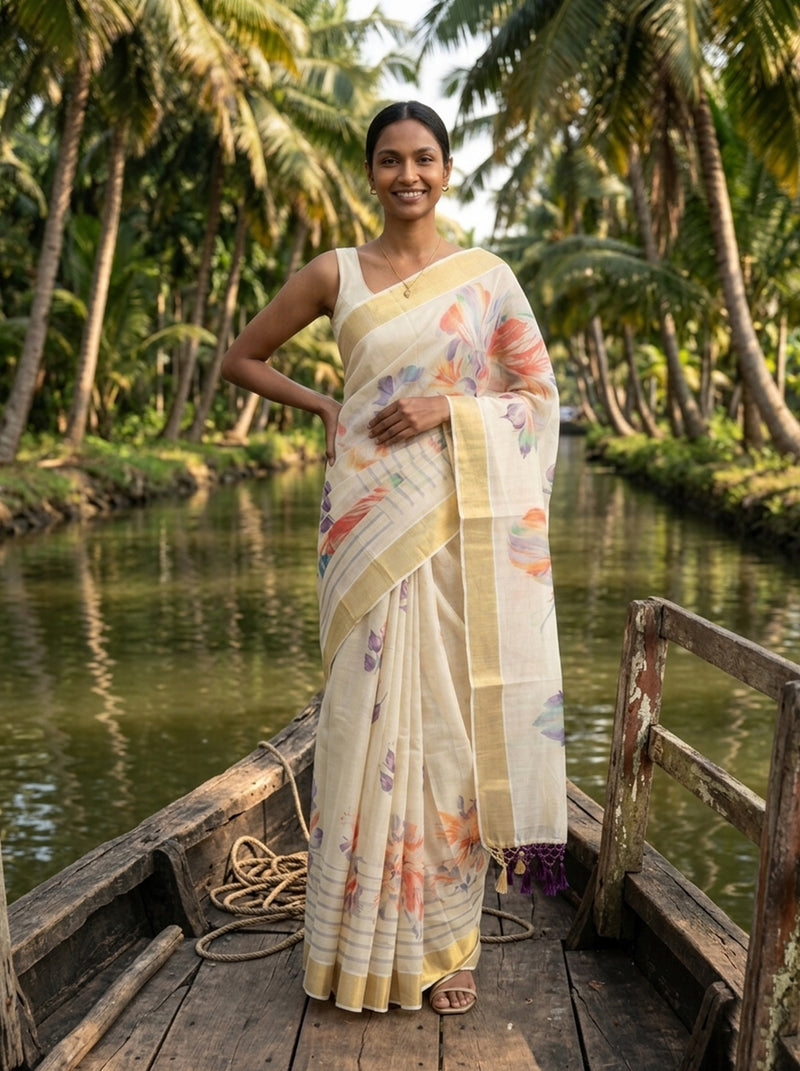 Woman in a floral saree standing on a boat in a tropical setting with palm trees.