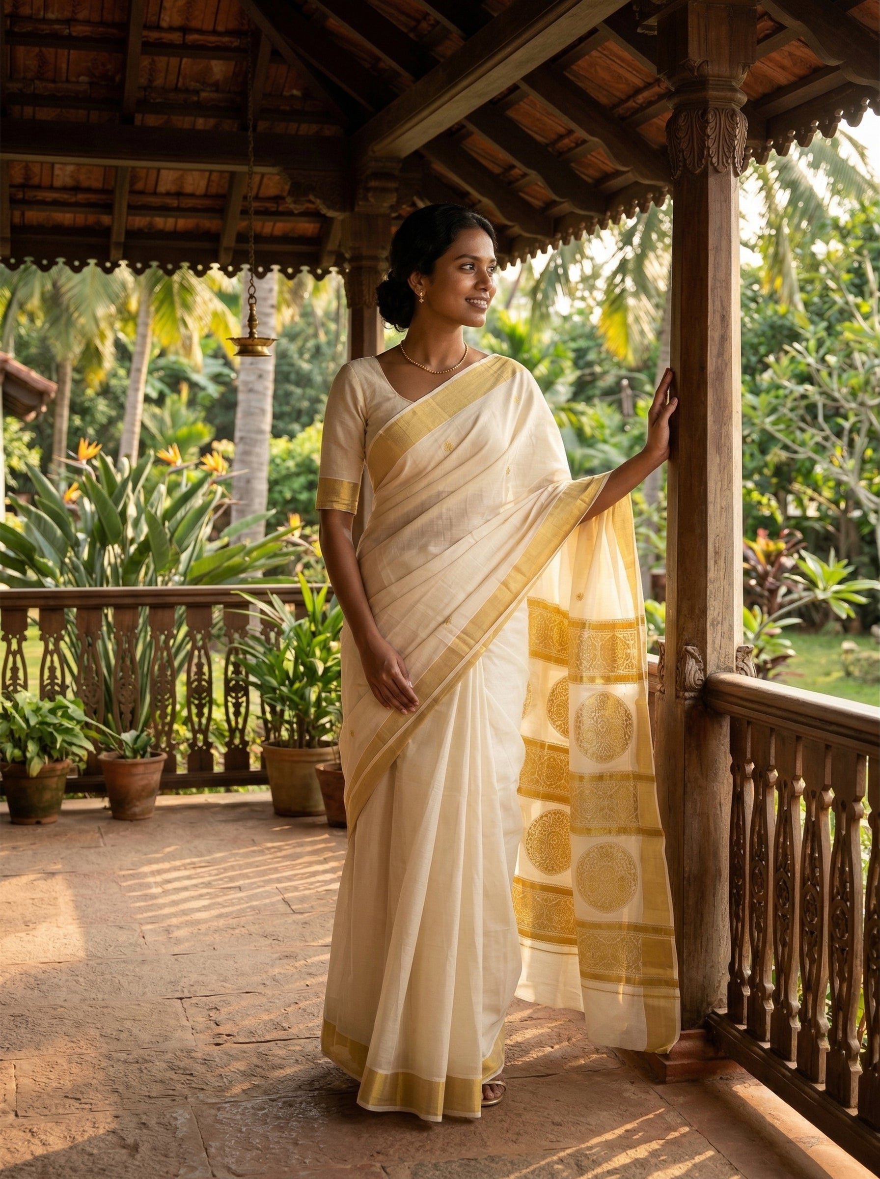 Woman in a traditional saree standing on a veranda with greenery in the background