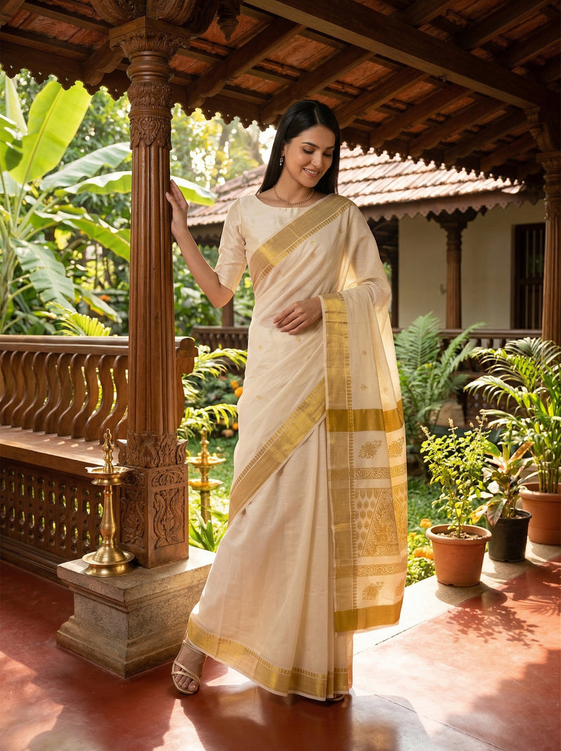 Woman in a traditional saree standing on a veranda with plants in the background